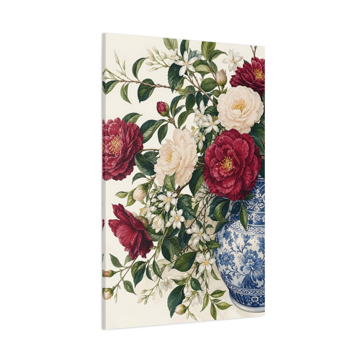 Side Mockup 1. Floral Camellia Flowers Red Floral Vase shown as stretched canvas wall art