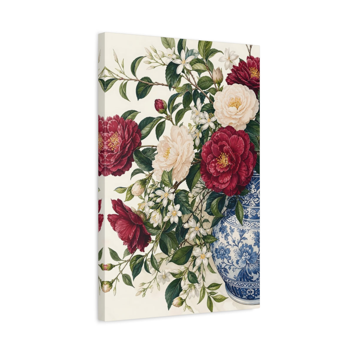 Side Mockup 3. Floral Camellia Flowers Red Floral Vase shown as stretched canvas wall art