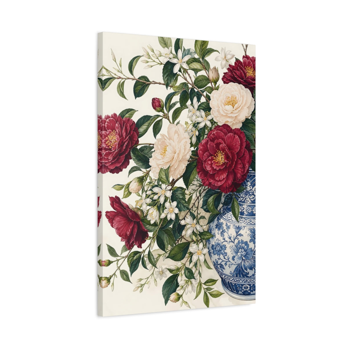 Side Mockup 2. Floral Camellia Flowers Red Floral Vase shown as stretched canvas wall art