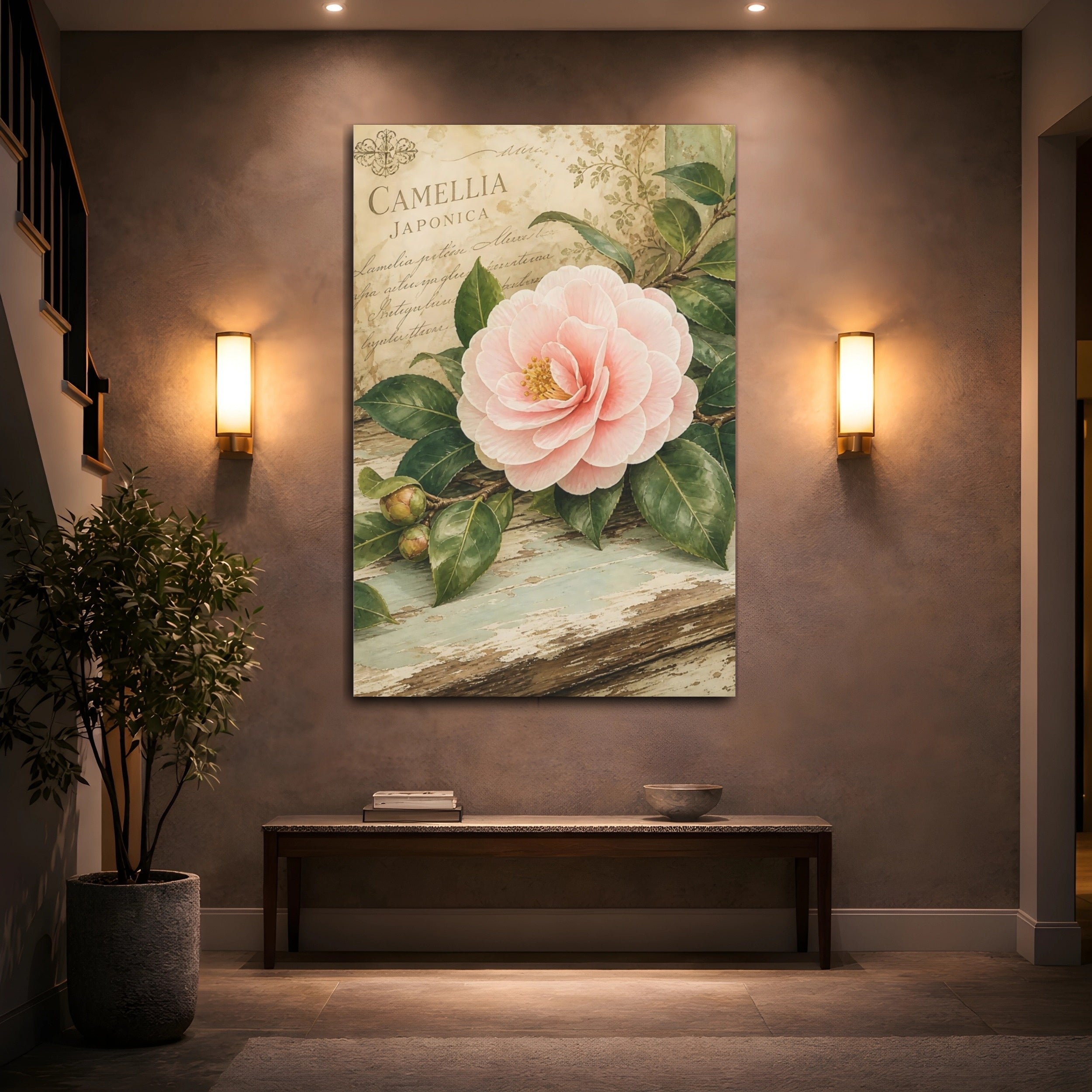 Mockup 2. Floral Camellia Pink Floral shown as stretched canvas wall art