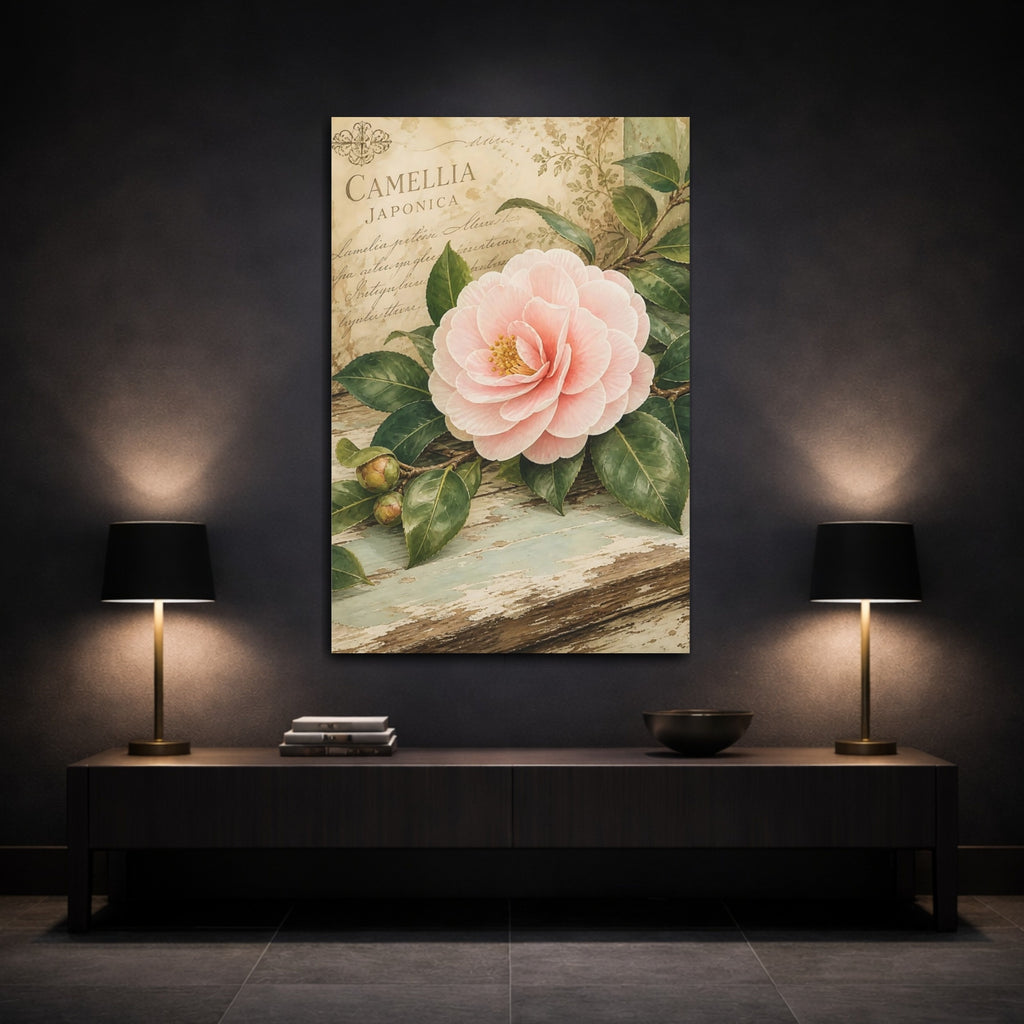Mockup 3. Floral Camellia Pink Floral shown as stretched canvas wall art