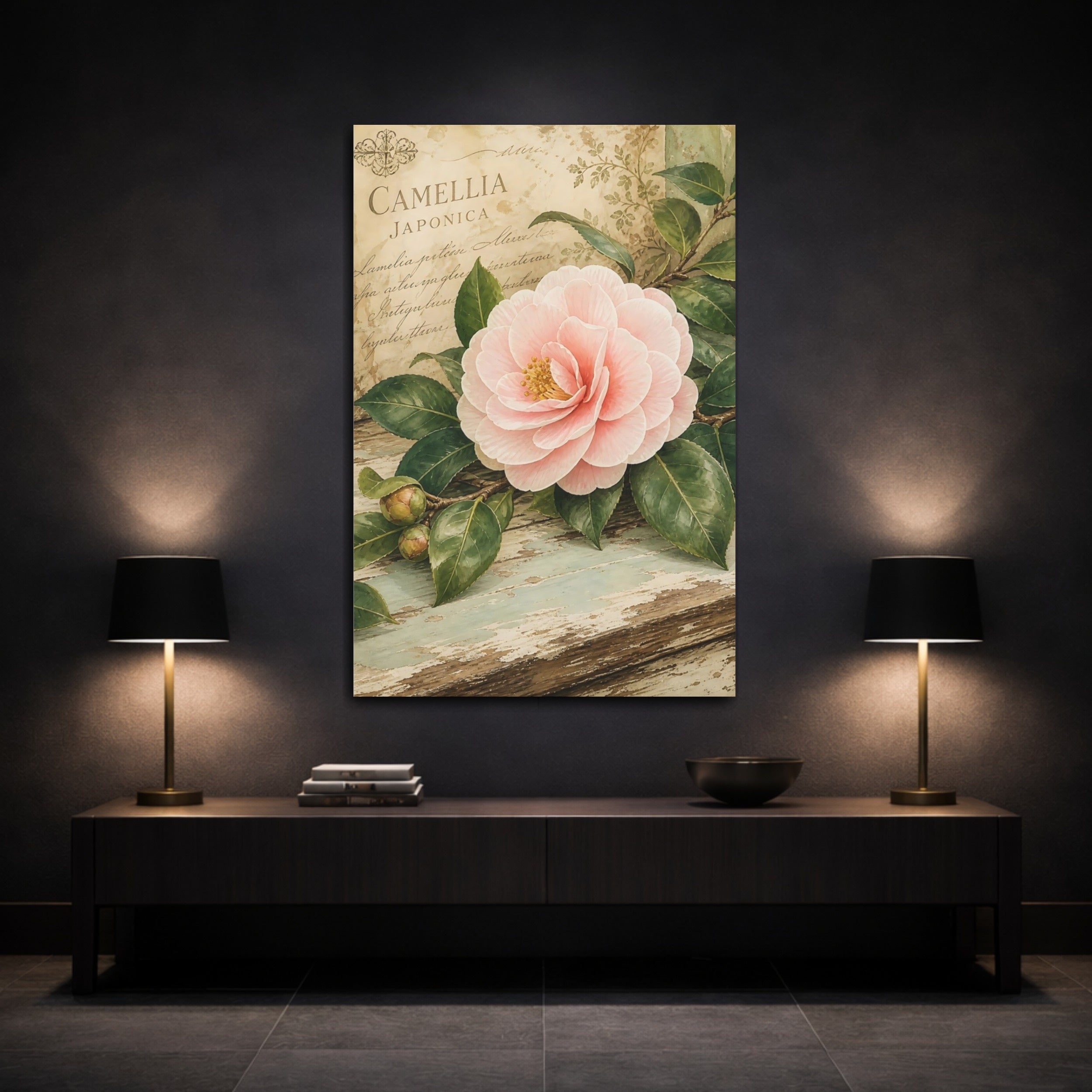 Mockup 3. Floral Camellia Pink Floral shown as stretched canvas wall art