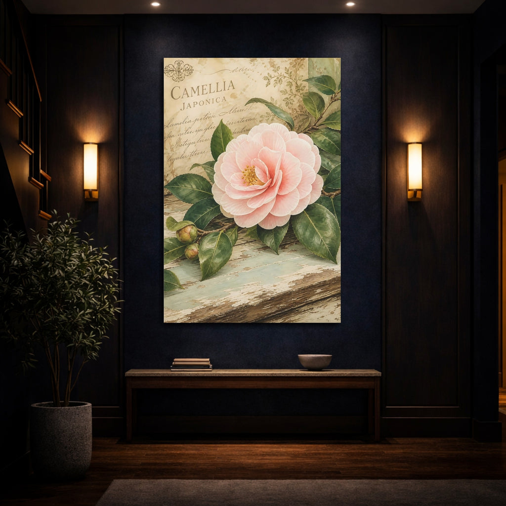 Mockup 4. Floral Camellia Pink Floral shown as stretched canvas wall art