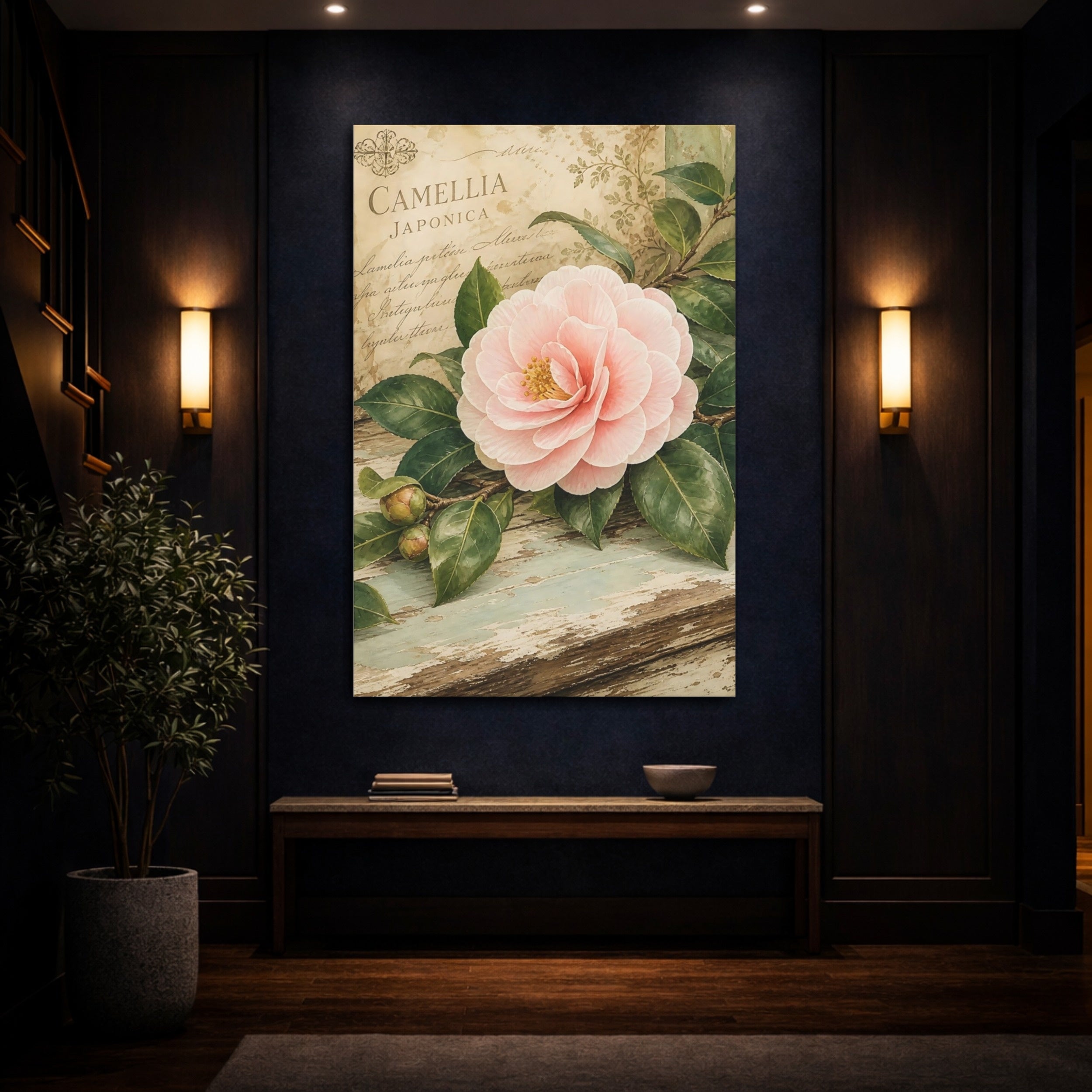 Mockup 4. Floral Camellia Pink Floral shown as stretched canvas wall art