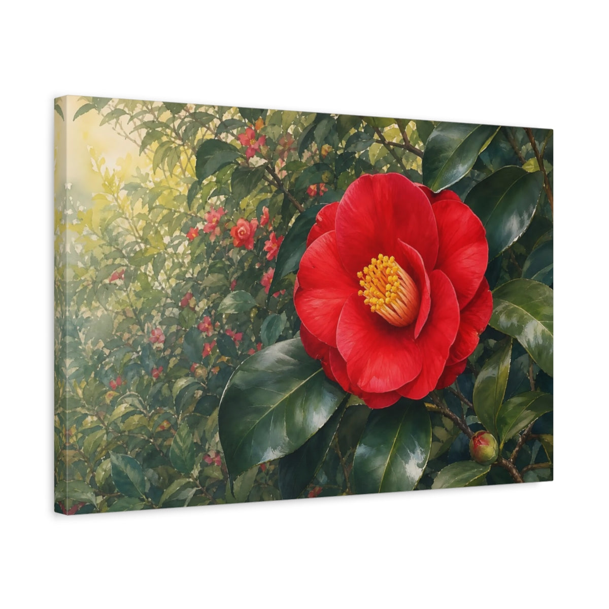 Side Mockup 3. Floral Camellia Red And Green Floral shown as stretched canvas wall art