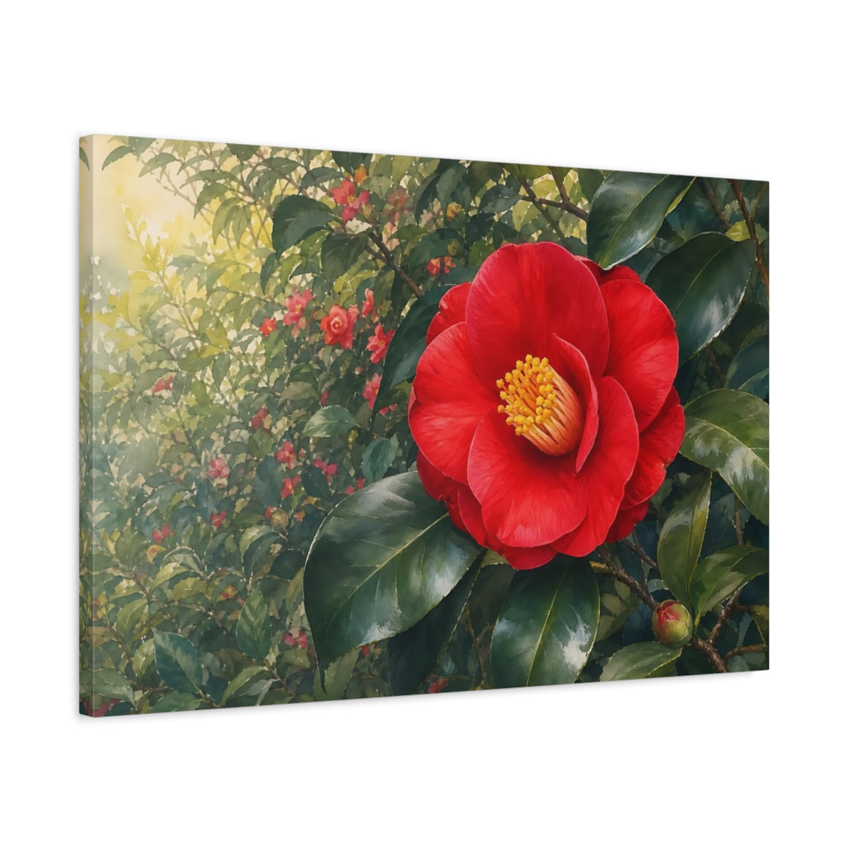 Side Mockup 2. Floral Camellia Red And Green Floral shown as stretched canvas wall art