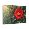 Side Mockup 4. Floral Camellia Red And Green Floral shown as stretched canvas wall art