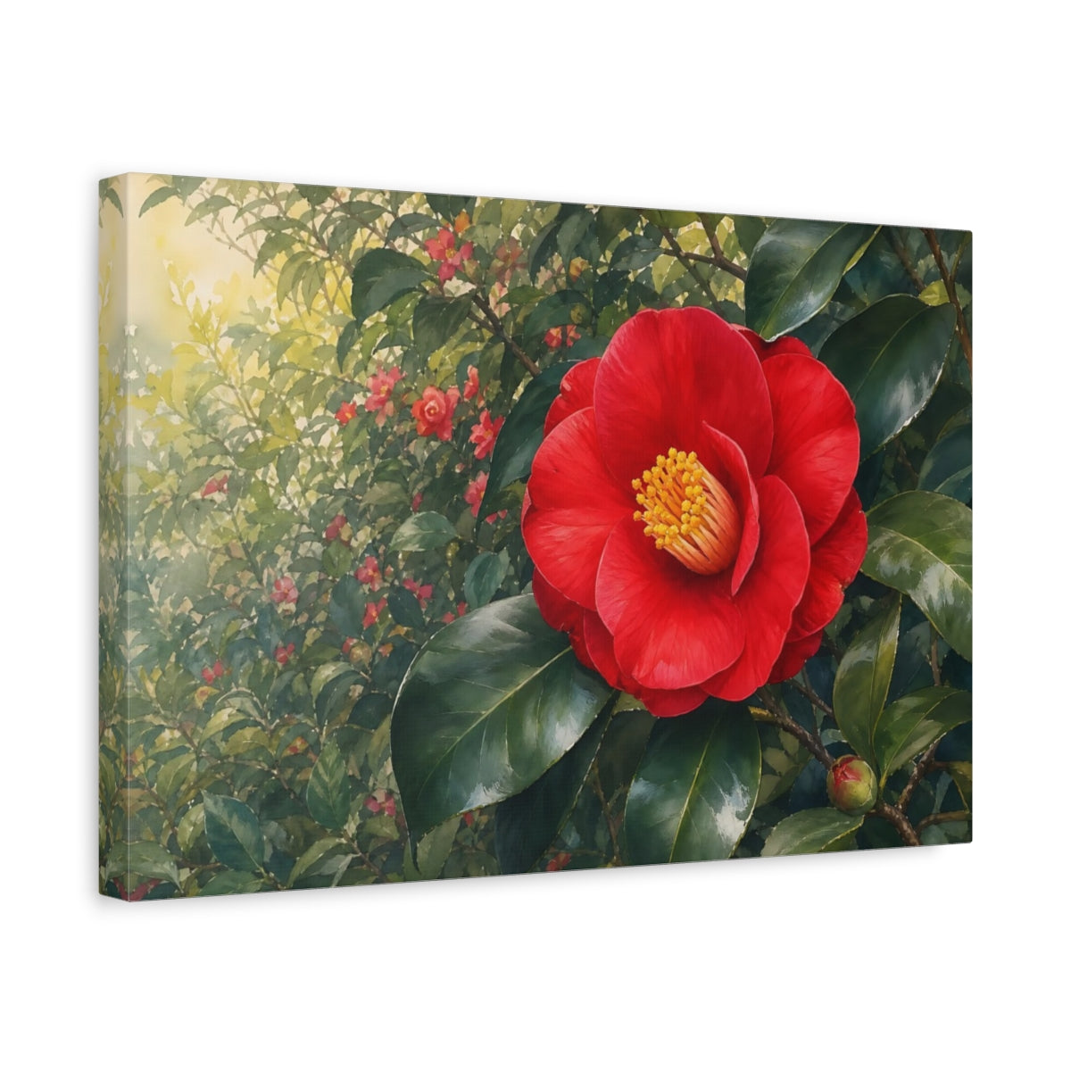 Side Mockup 4. Floral Camellia Red And Green Floral shown as stretched canvas wall art