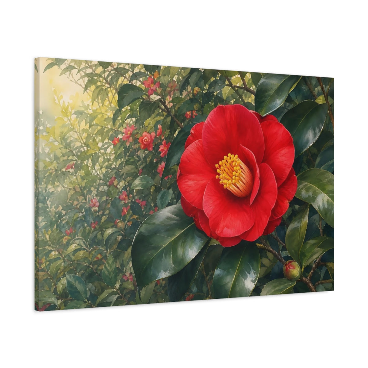 Main Mockup. Floral Camellia Red And Green Floral shown as stretched canvas wall art