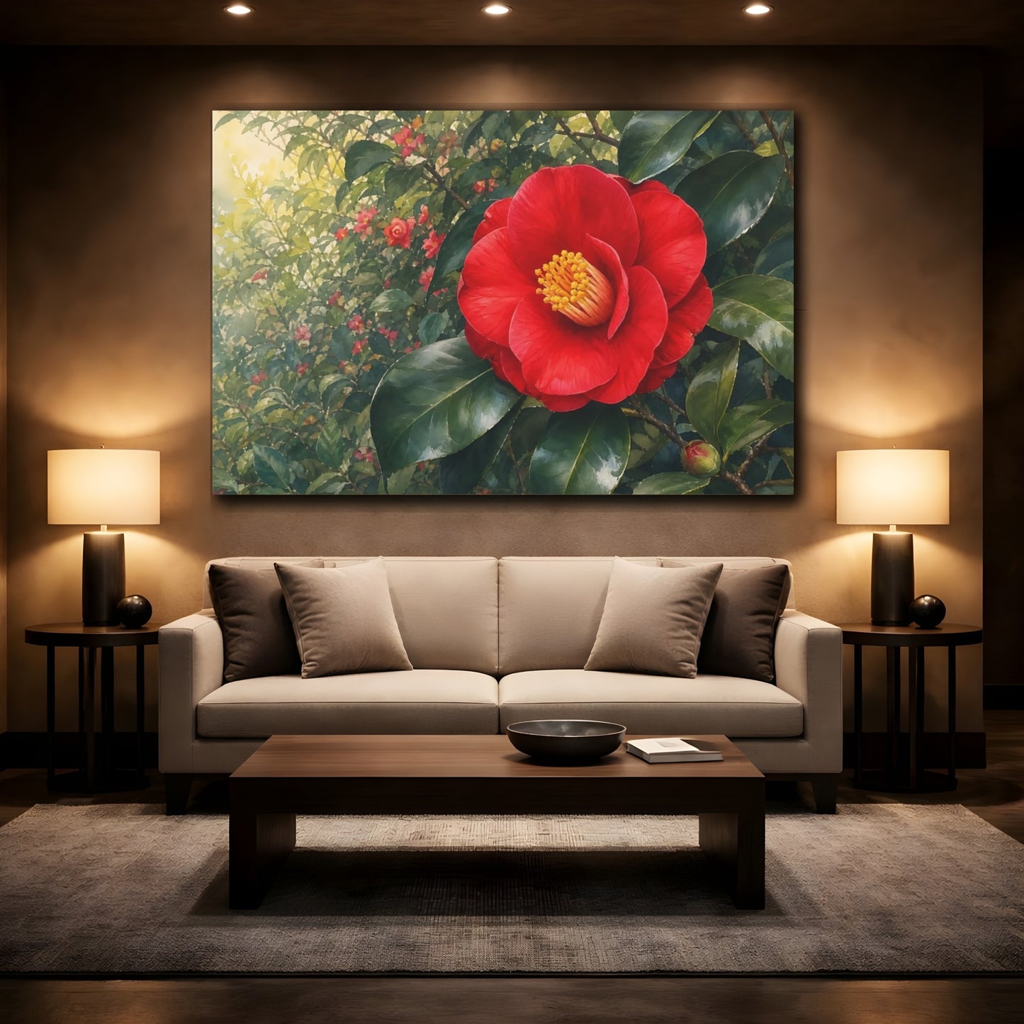 Mockup 2. Floral Camellia Red And Green Floral shown as stretched canvas wall art