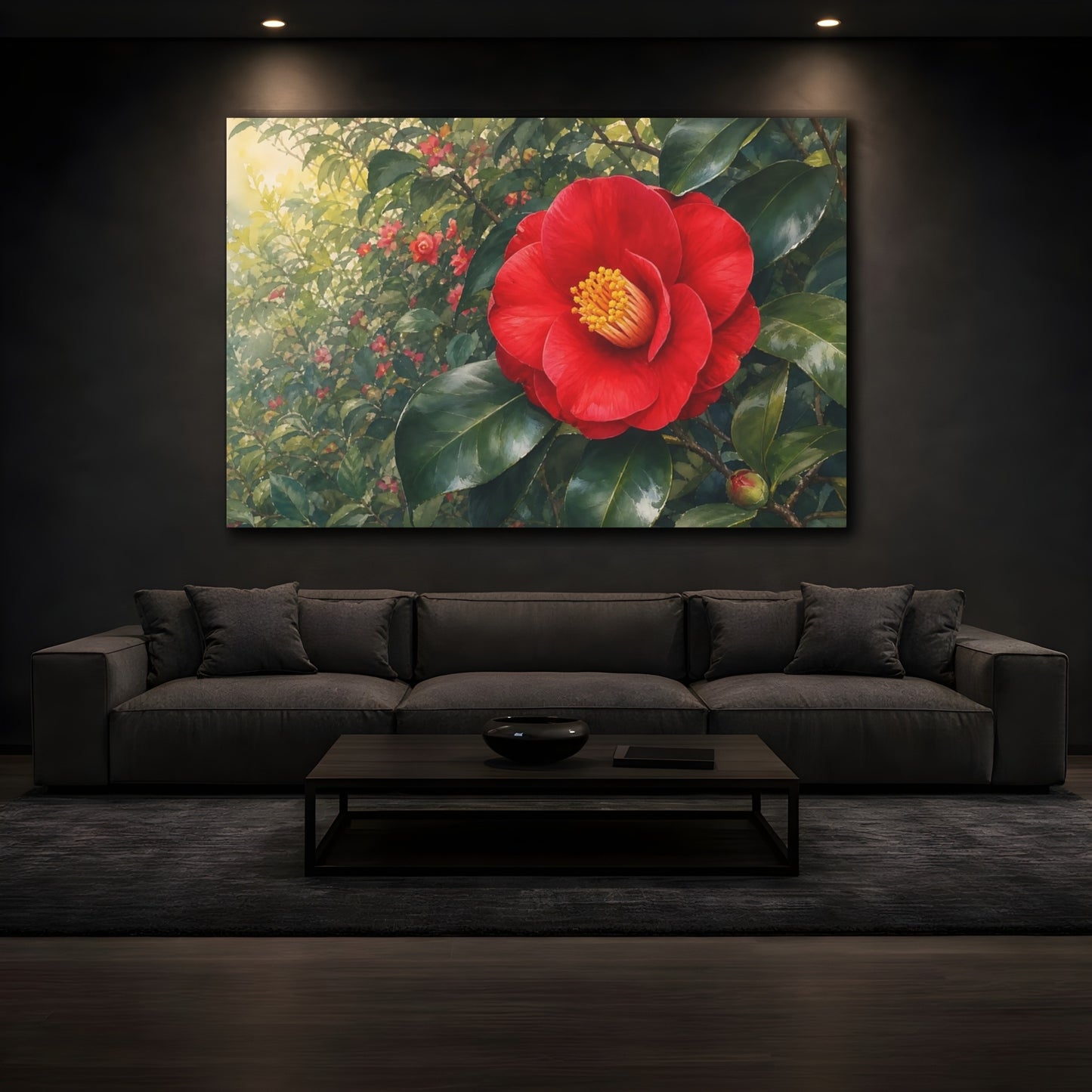 Mockup 3. Floral Camellia Red And Green Floral shown as stretched canvas wall art
