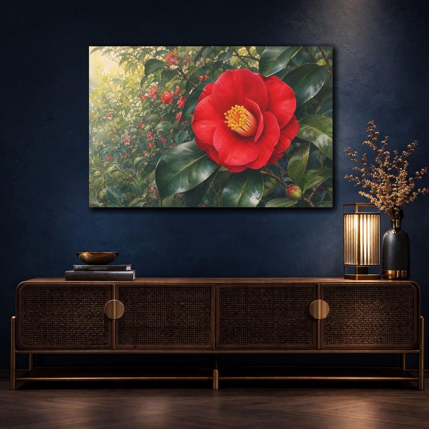 Mockup 4. Floral Camellia Red And Green Floral shown as stretched canvas wall art