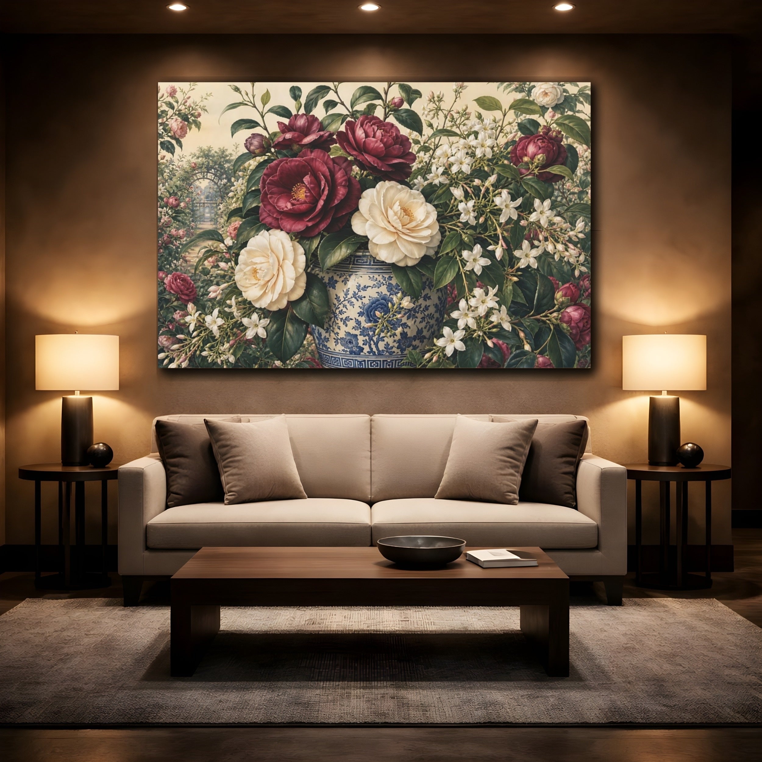 Mockup 2. Floral Camellias Burgundy Floral Vase shown as stretched canvas wall art