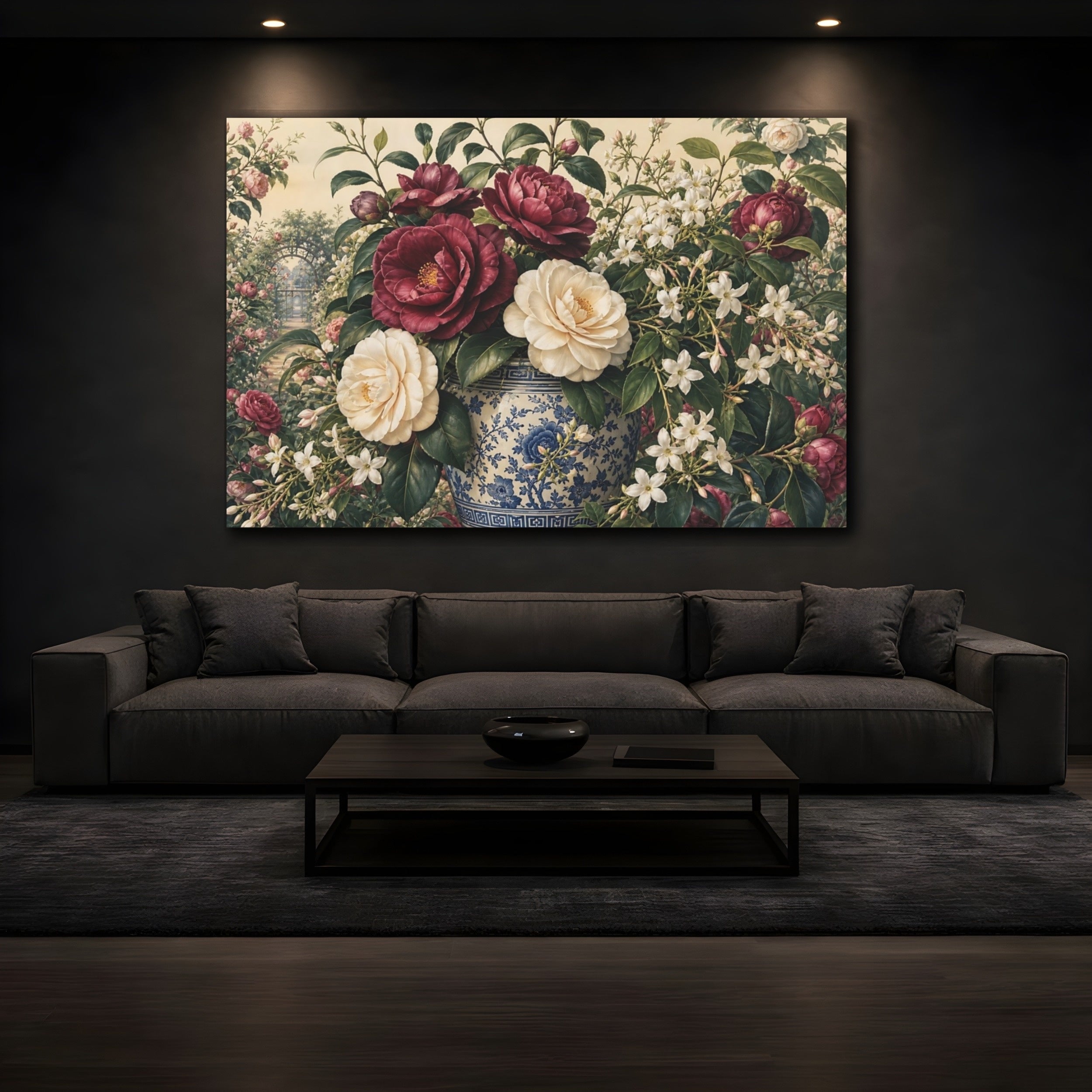 Mockup 3. Floral Camellias Burgundy Floral Vase shown as stretched canvas wall art