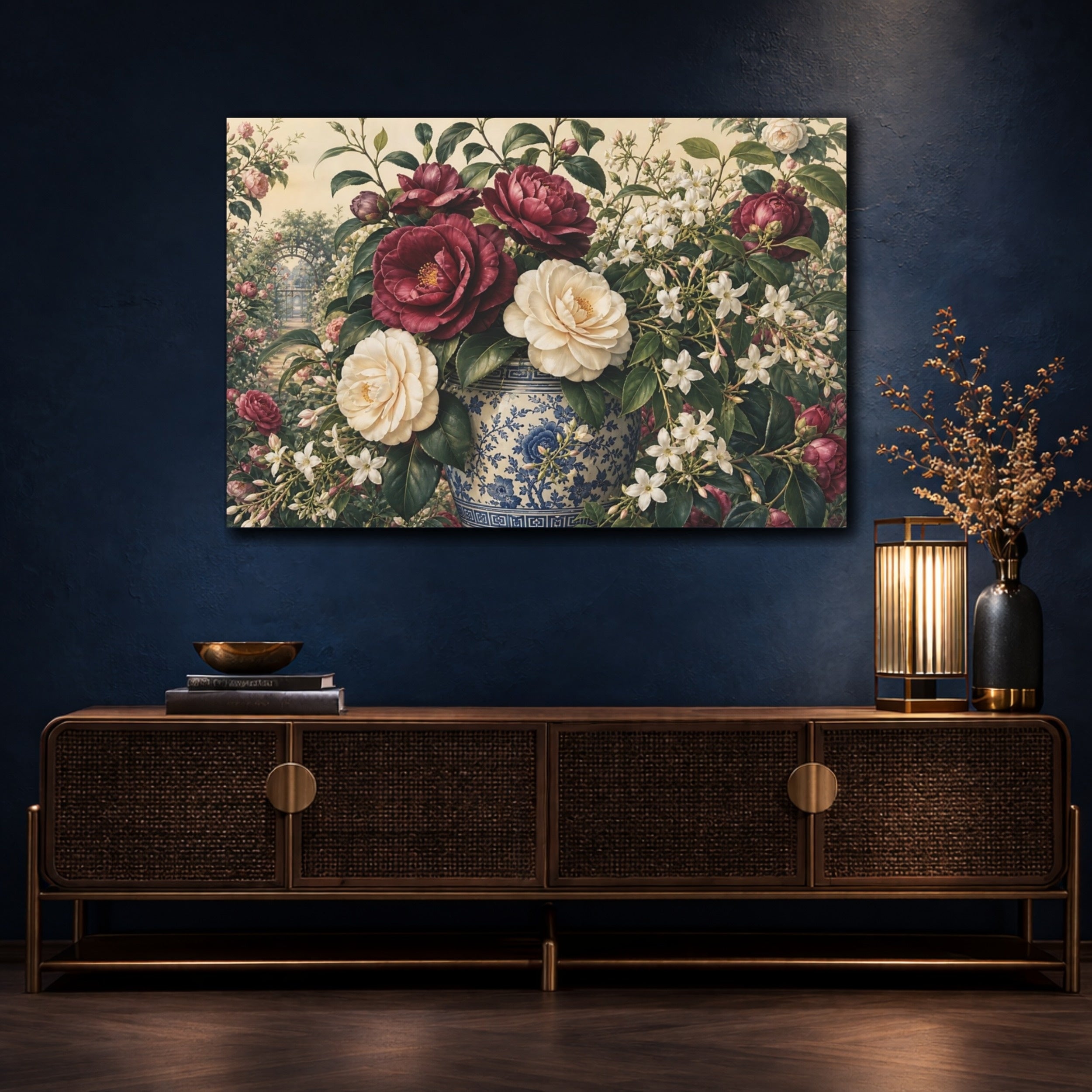Mockup 4. Floral Camellias Burgundy Floral Vase shown as stretched canvas wall art