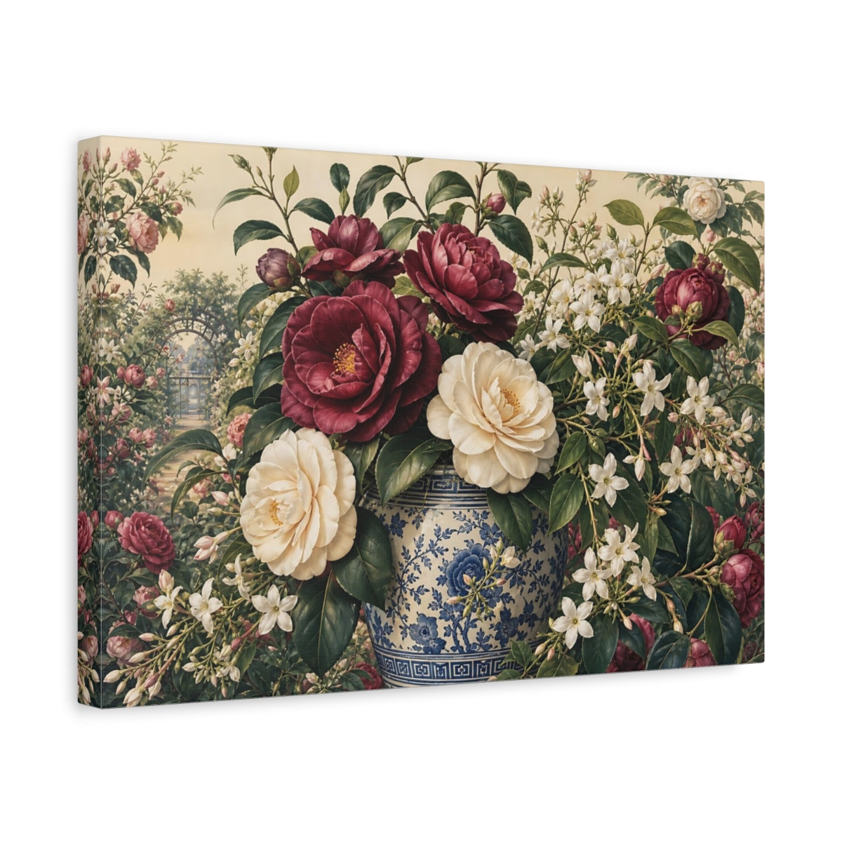 Side Mockup 4. Floral Camellias Burgundy Floral Vase shown as stretched canvas wall art