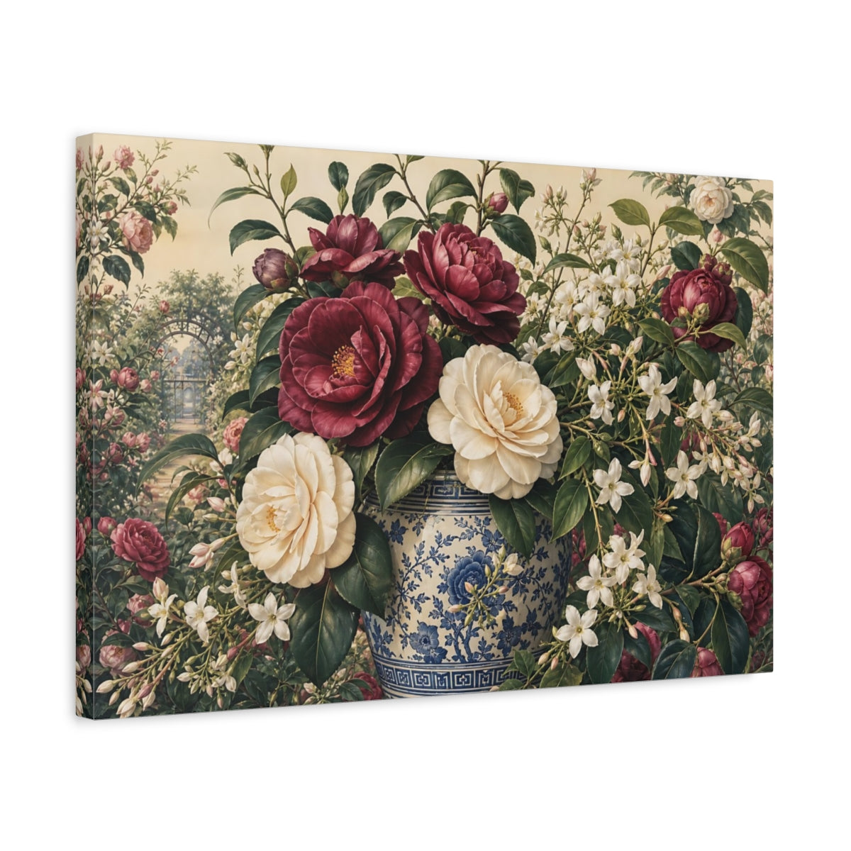 Side Mockup 3. Floral Camellias Burgundy Floral Vase shown as stretched canvas wall art