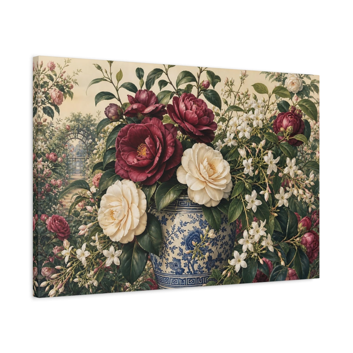Side Mockup 2. Floral Camellias Burgundy Floral Vase shown as stretched canvas wall art
