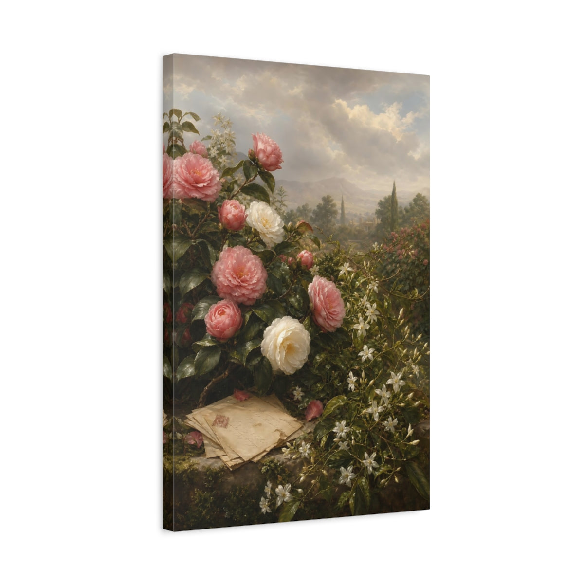 Side Mockup 3. Floral Camellias Pink And White Floral shown as stretched canvas wall art