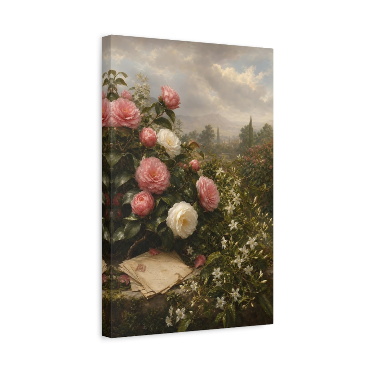 Side Mockup 4. Floral Camellias Pink And White Floral shown as stretched canvas wall art