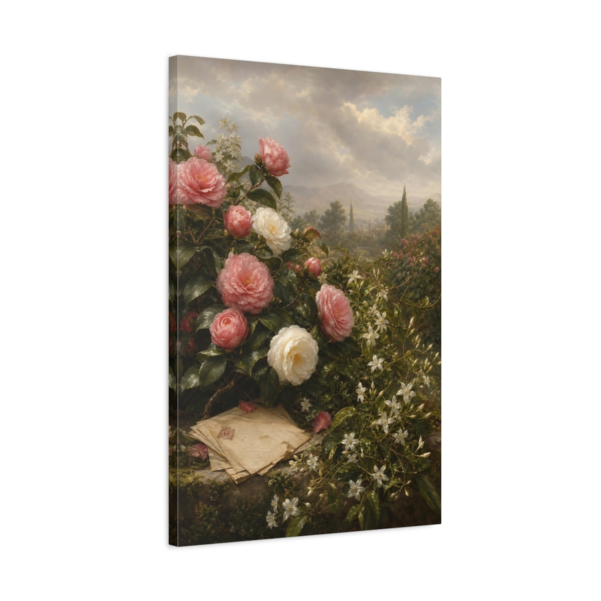 Side Mockup 2. Floral Camellias Pink And White Floral shown as stretched canvas wall art