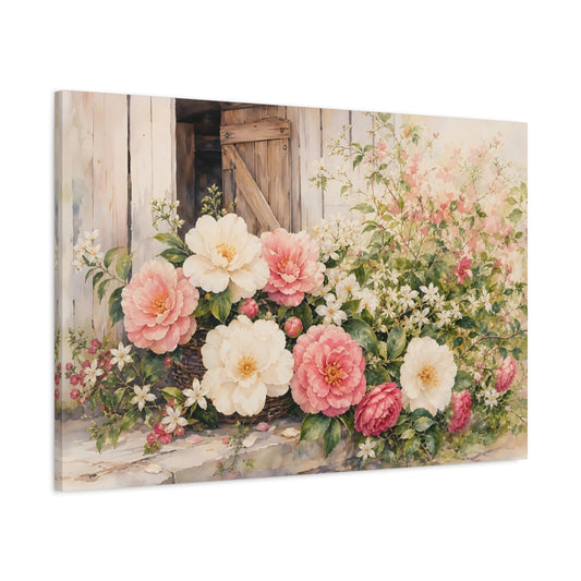 Main Mockup. Floral Camellias Pink And White Floral shown as stretched canvas wall art