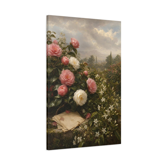 Main Mockup. Floral Camellias Pink And White Floral shown as stretched canvas wall art