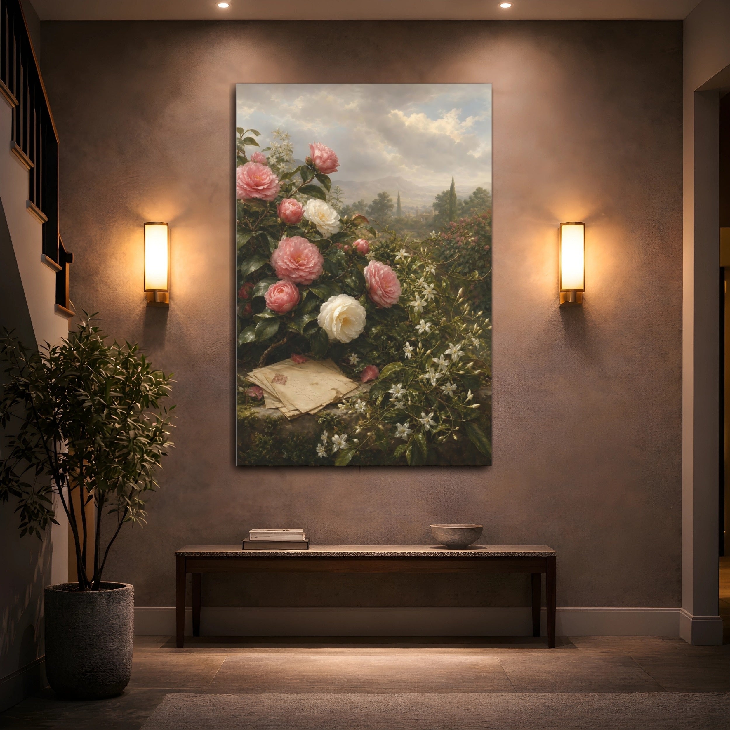 Mockup 2. Floral Camellias Pink And White Floral shown as stretched canvas wall art