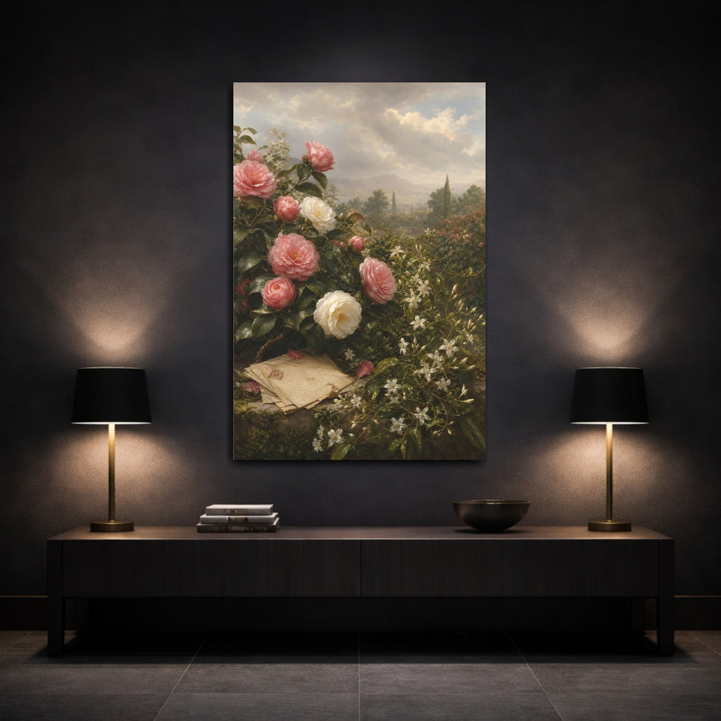 Mockup 3. Floral Camellias Pink And White Floral shown as stretched canvas wall art