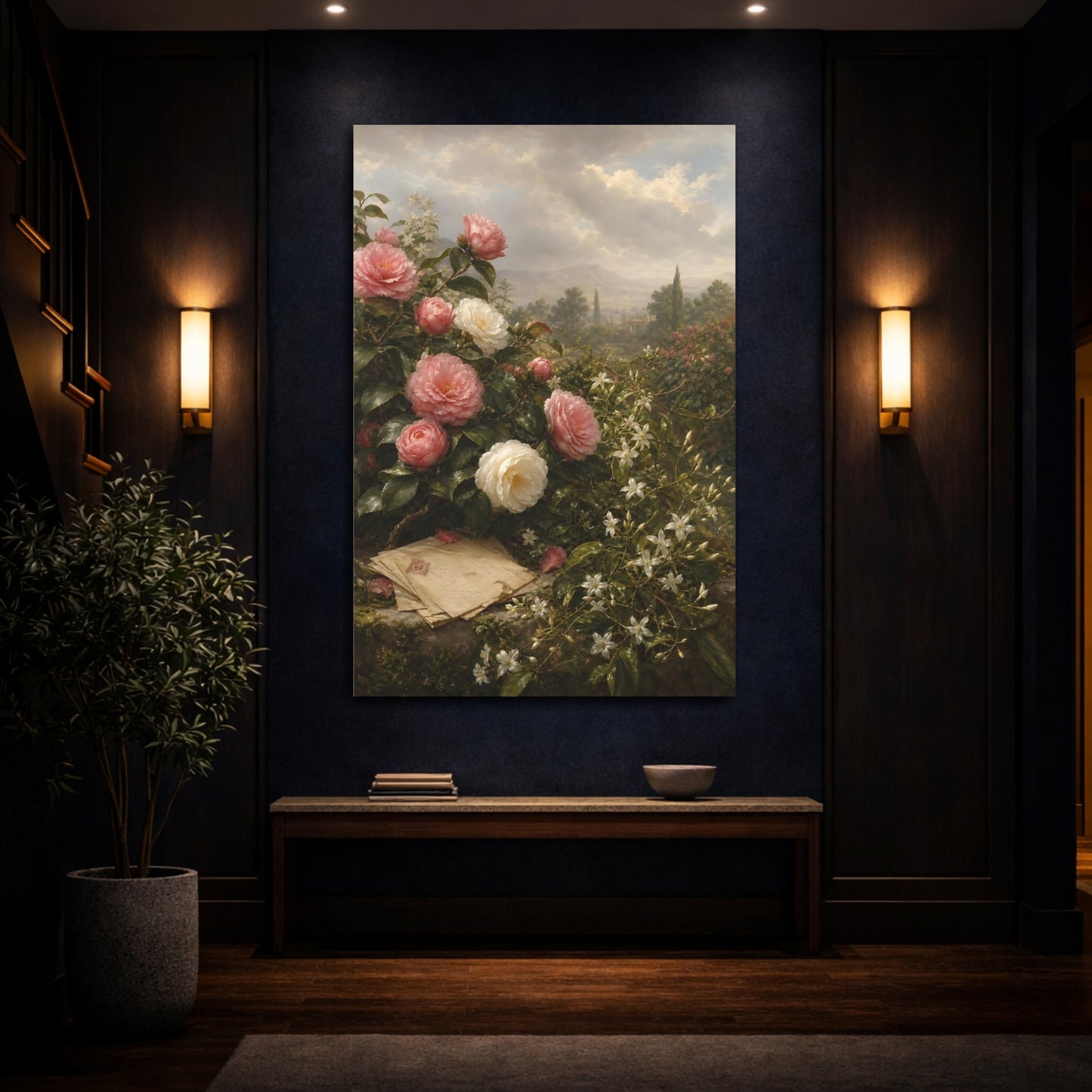 Mockup 4. Floral Camellias Pink And White Floral shown as stretched canvas wall art