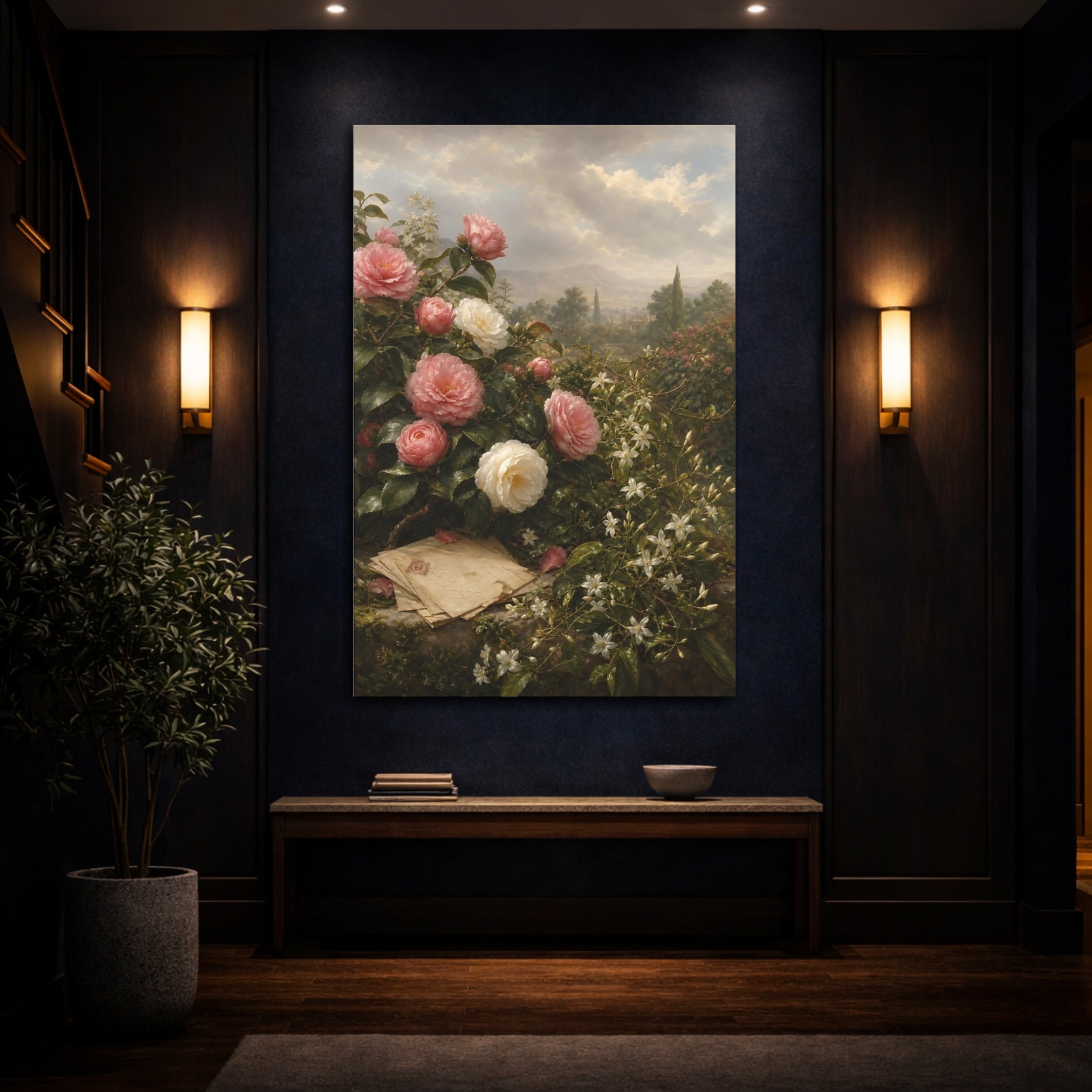 Mockup 4. Floral Camellias Pink And White Floral shown as stretched canvas wall art