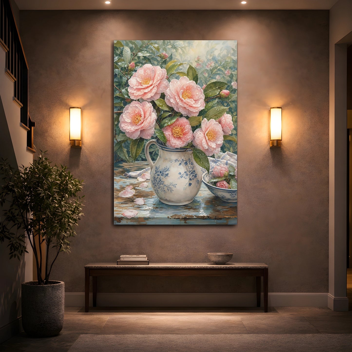 Mockup 2. Floral Camellias Pink Camellia Floral shown as stretched canvas wall art