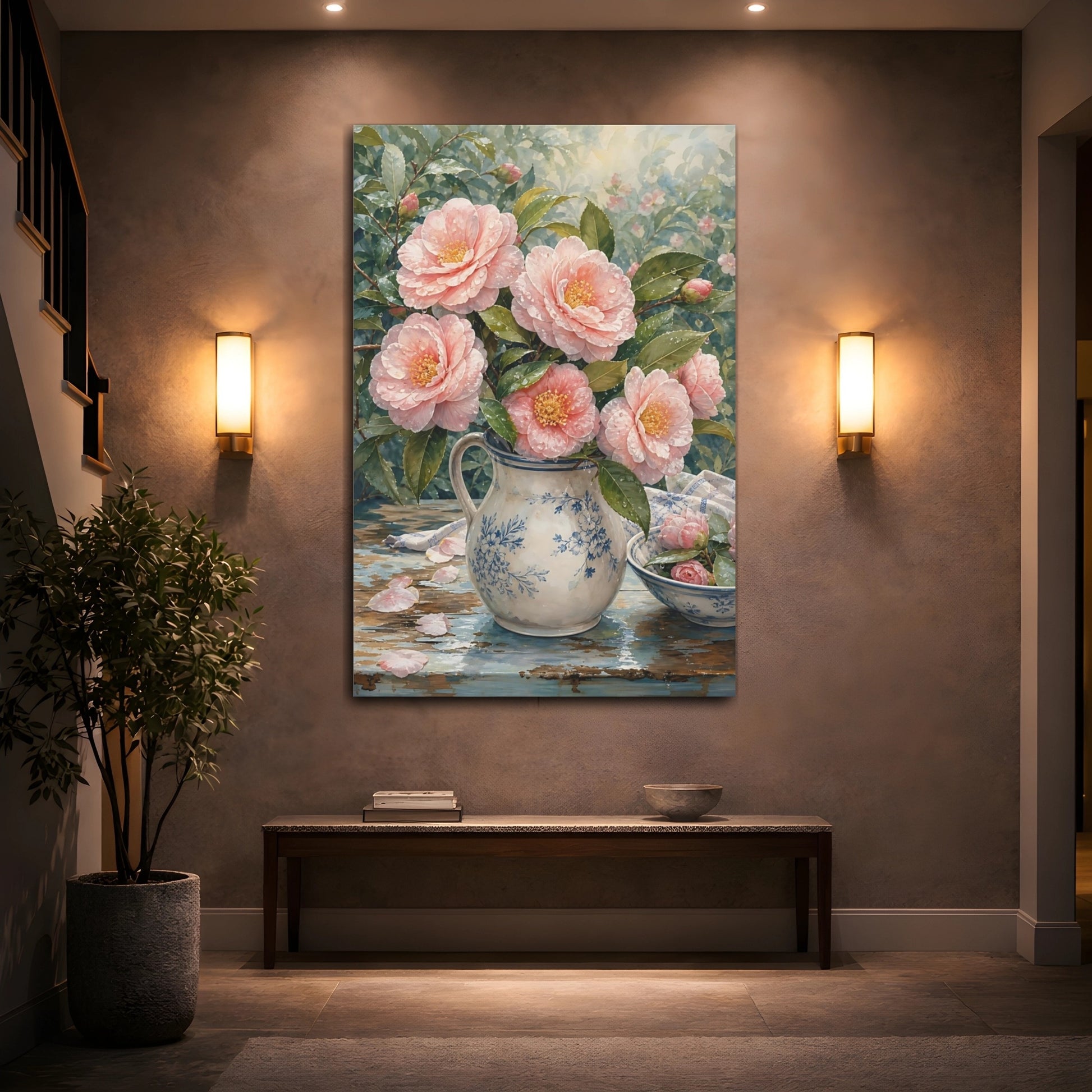 Mockup 2. Floral Camellias Pink Camellia Floral shown as stretched canvas wall art