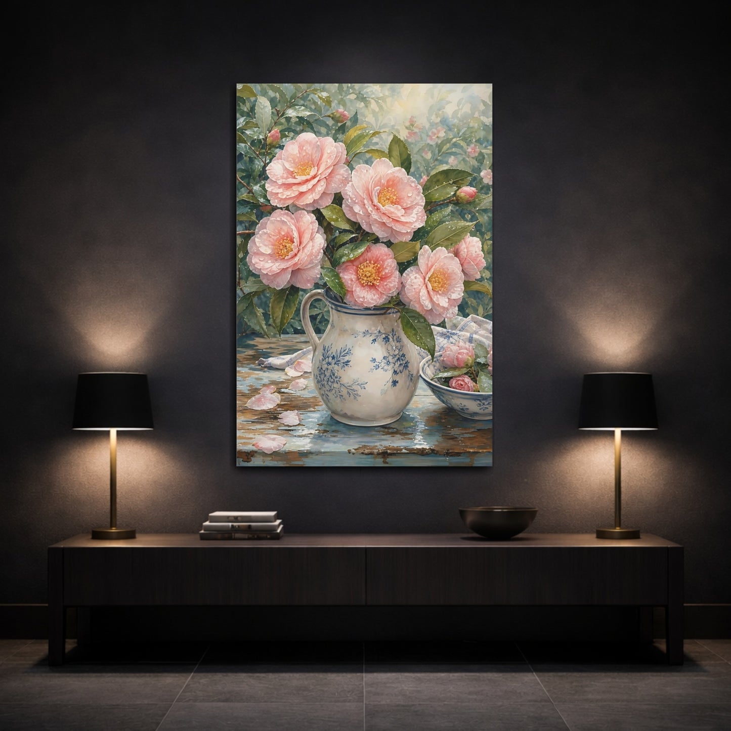 Mockup 3. Floral Camellias Pink Camellia Floral shown as stretched canvas wall art