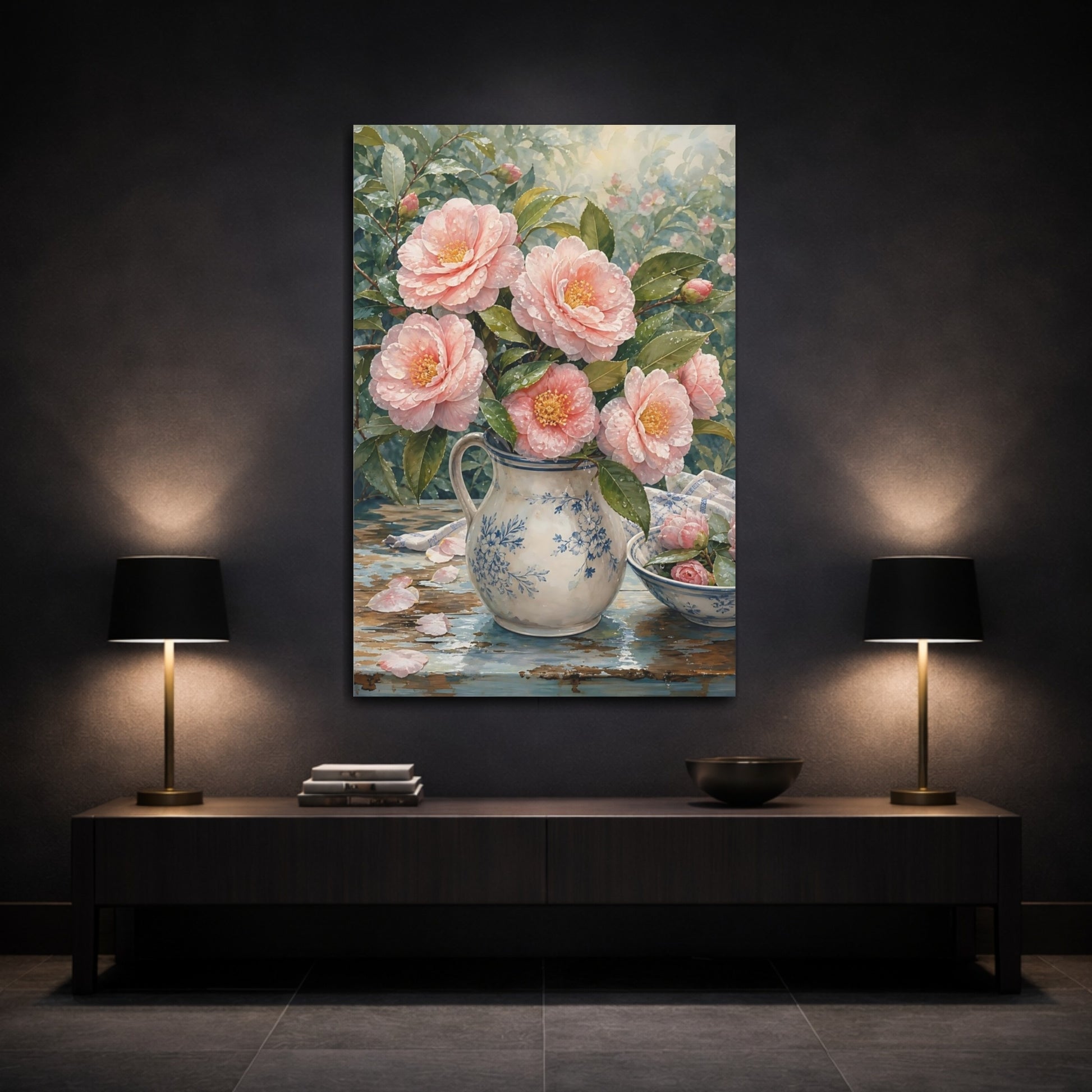 Mockup 3. Floral Camellias Pink Camellia Floral shown as stretched canvas wall art