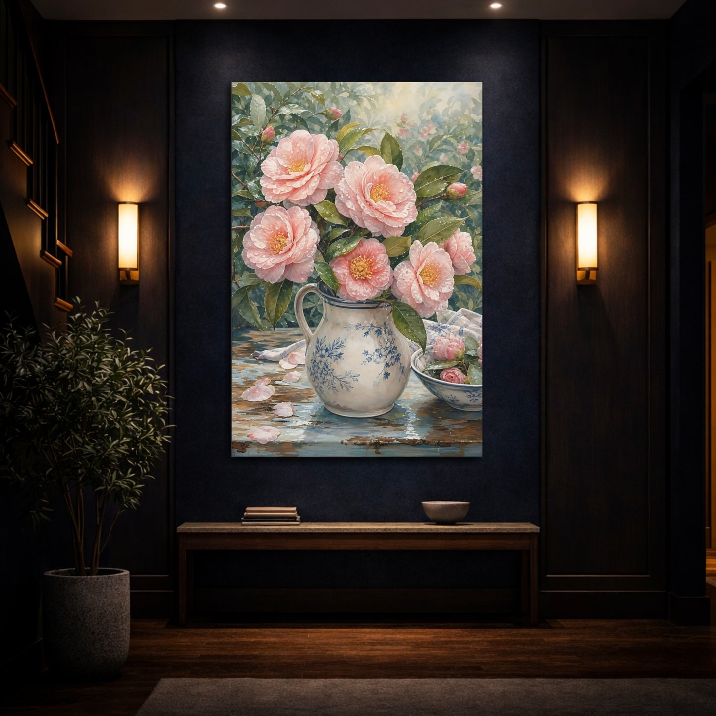 Mockup 4. Floral Camellias Pink Camellia Floral shown as stretched canvas wall art