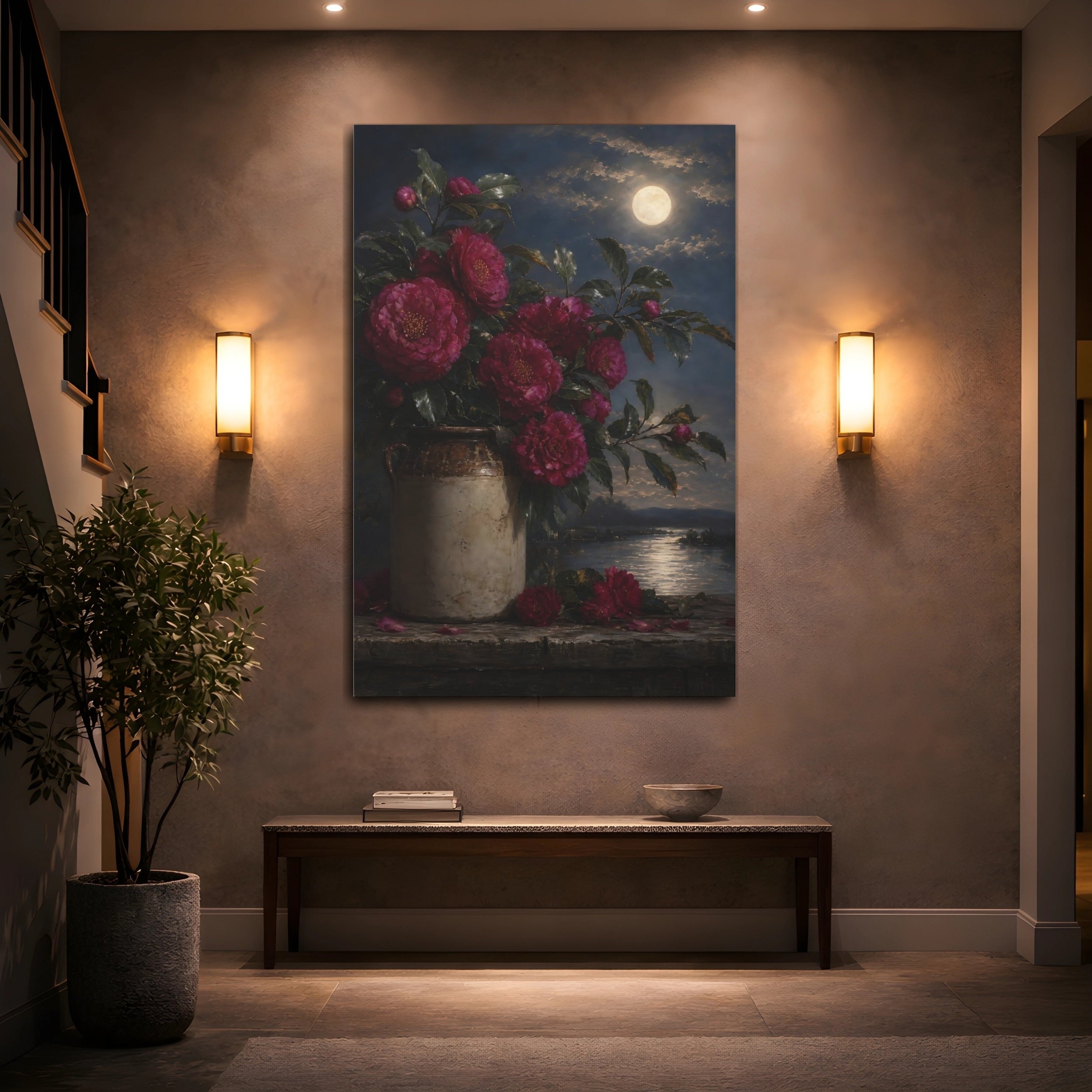 Mockup 2. Floral Camellias Pink Camellias Night shown as stretched canvas wall art