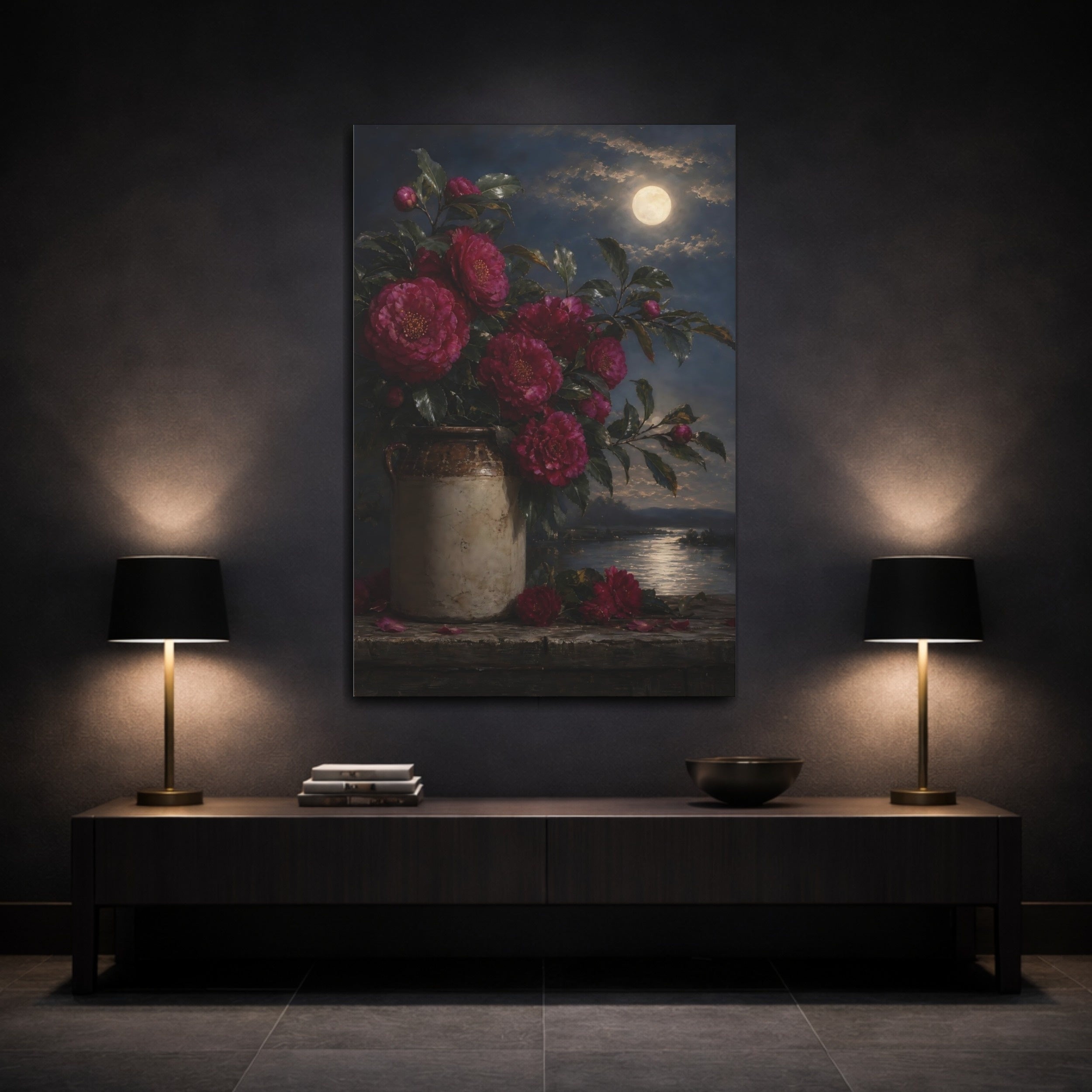 Mockup 3. Floral Camellias Pink Camellias Night shown as stretched canvas wall art