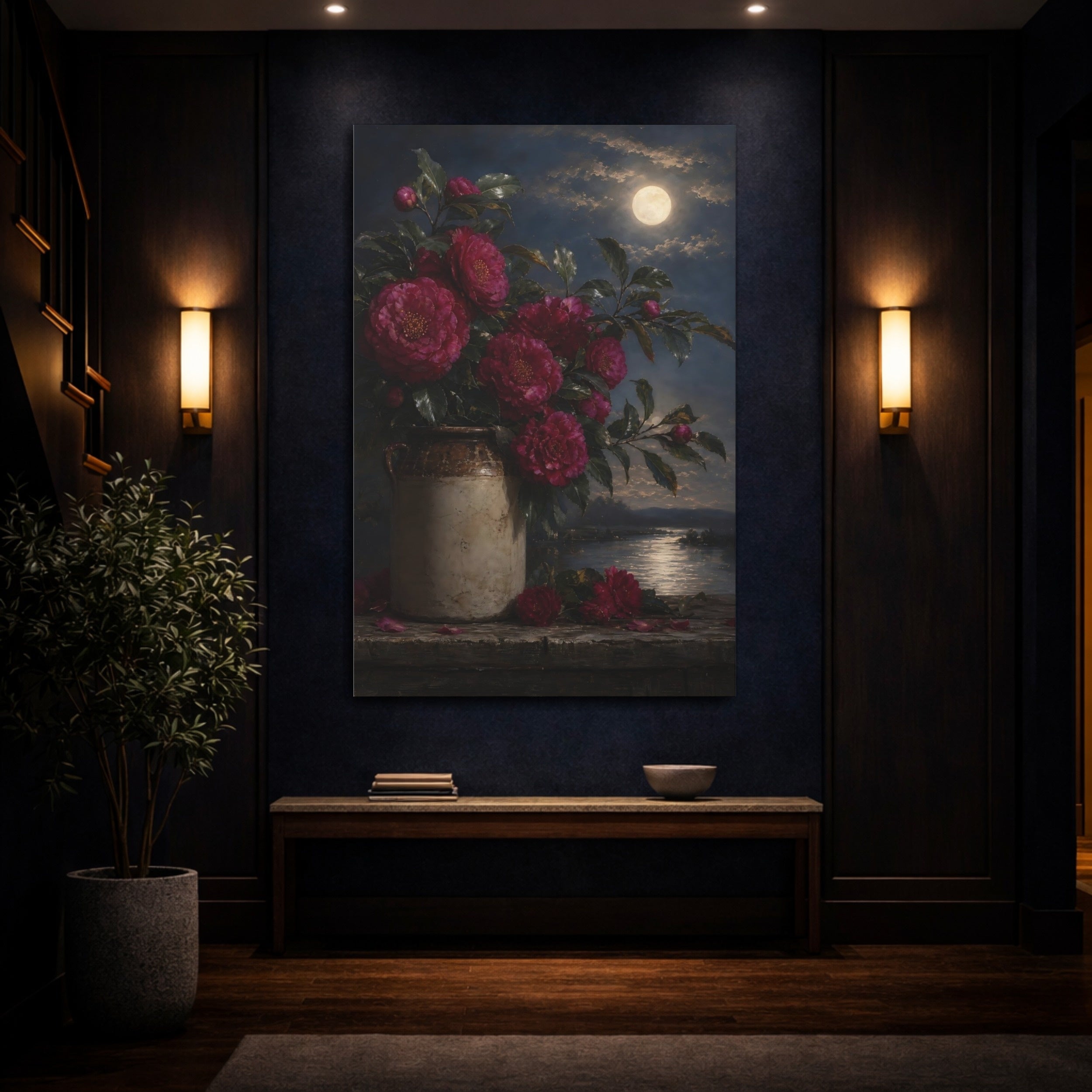 Mockup 4. Floral Camellias Pink Camellias Night shown as stretched canvas wall art