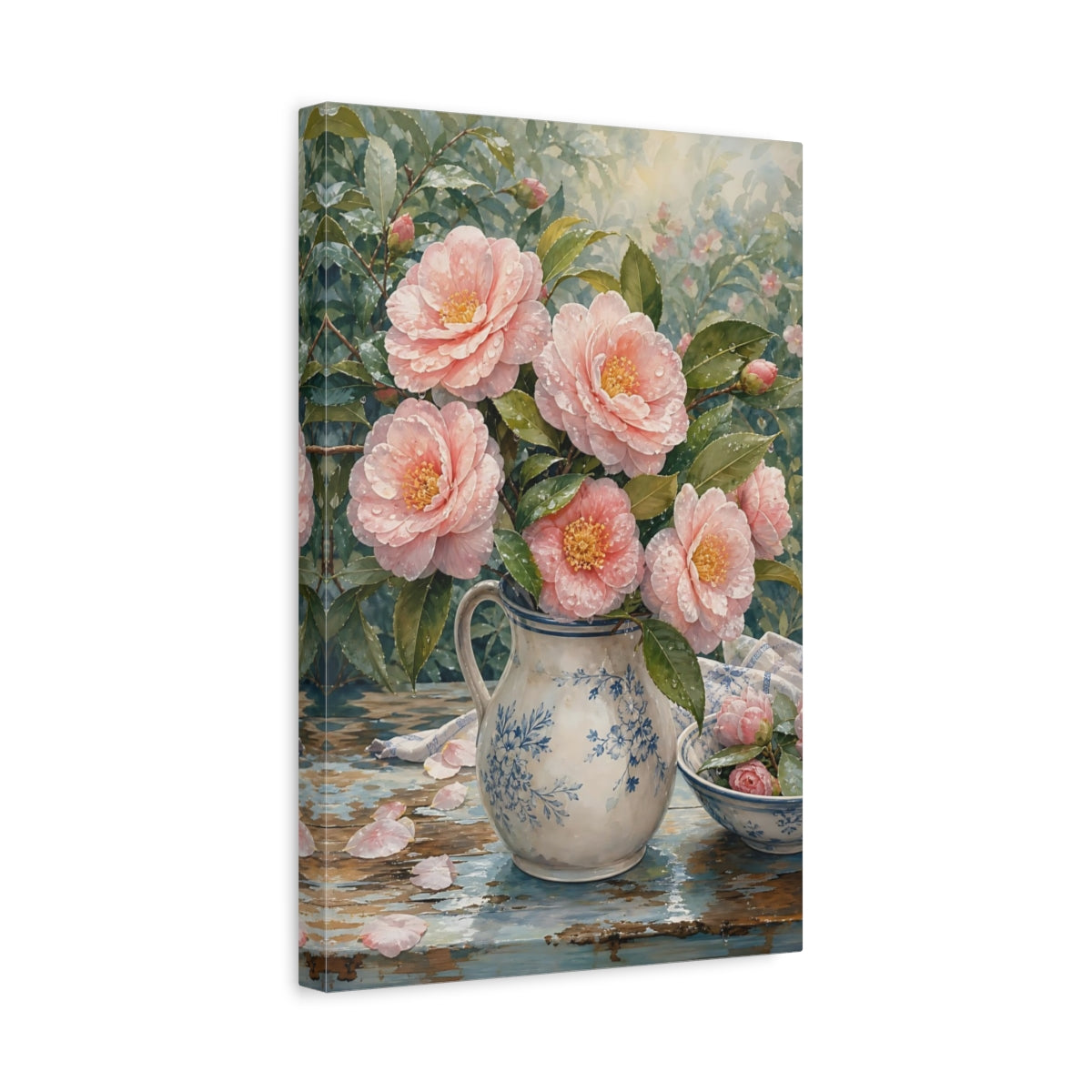 Side Mockup 4. Floral Camellias Pink Camellia Floral shown as stretched canvas wall art