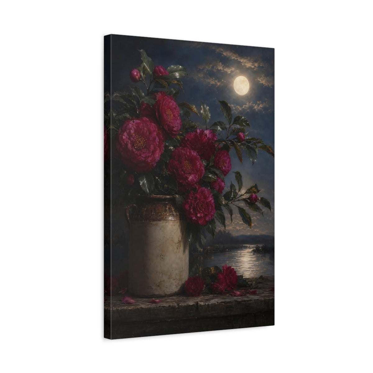 Side Mockup 3. Floral Camellias Pink Camellias Night shown as stretched canvas wall art