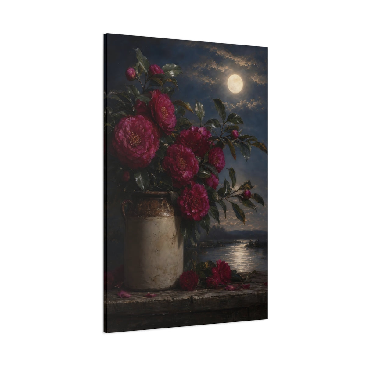Side Mockup 1. Floral Camellias Pink Camellias Night shown as stretched canvas wall art