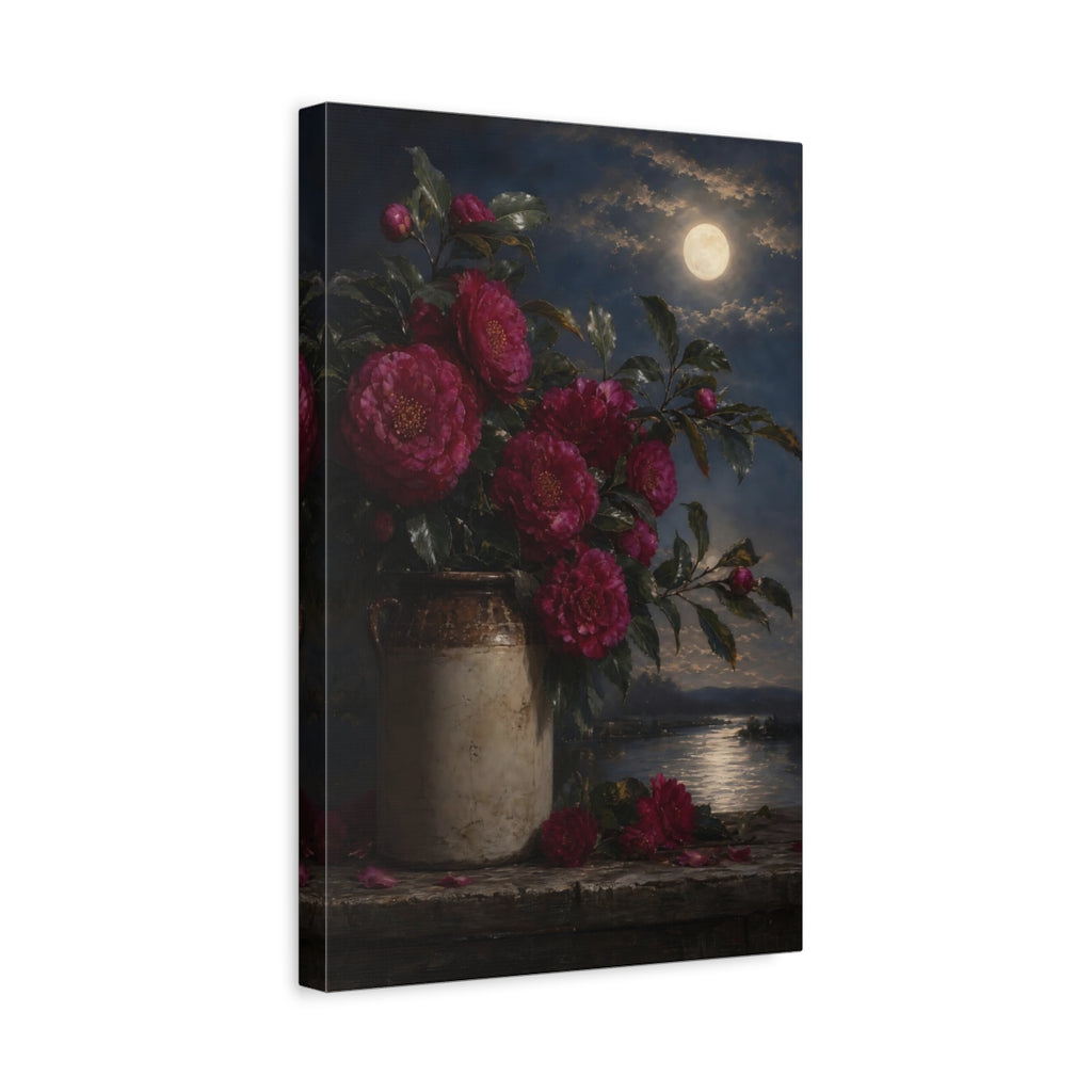 Side Mockup 4. Floral Camellias Pink Camellias Night shown as stretched canvas wall art