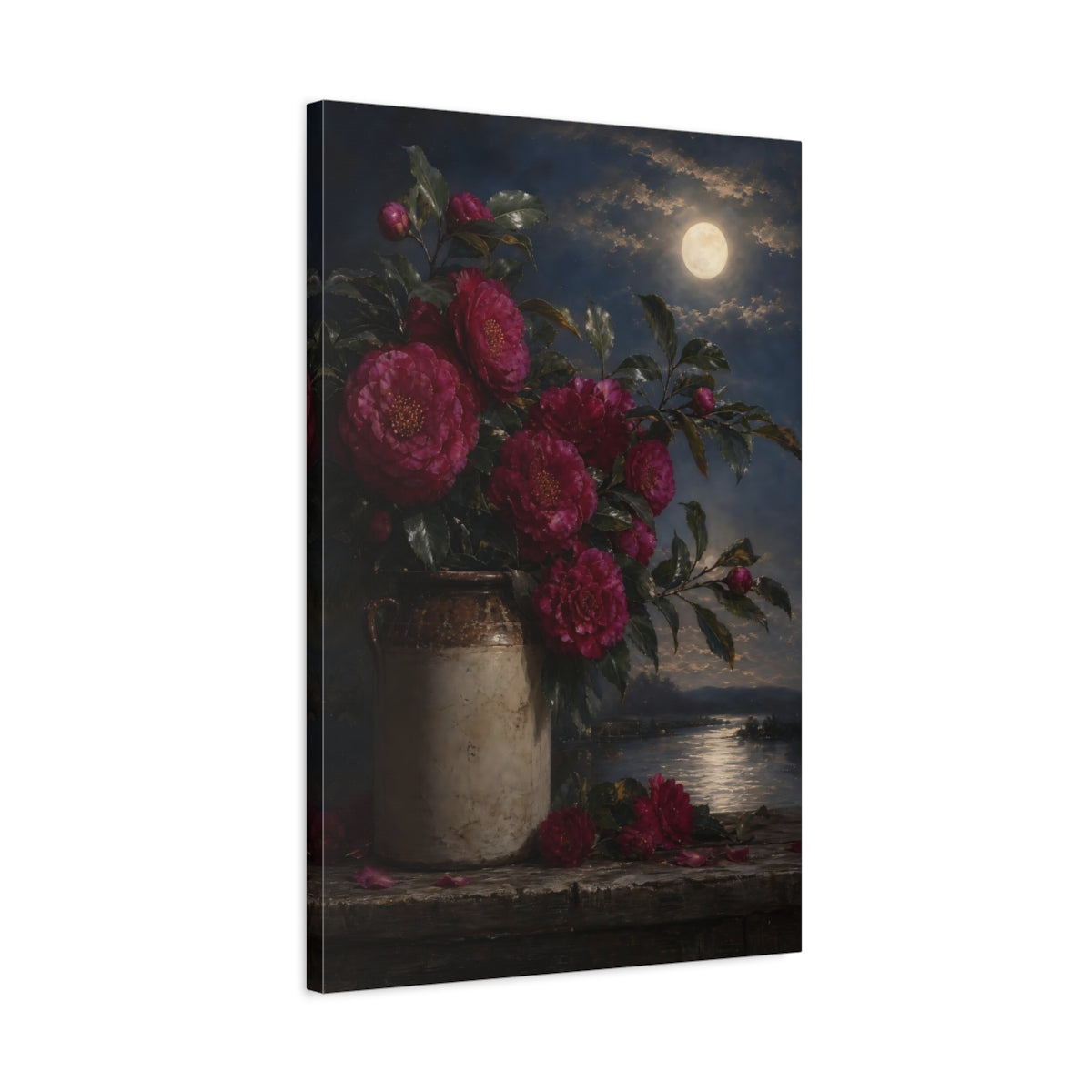 Side Mockup 2. Floral Camellias Pink Camellias Night shown as stretched canvas wall art