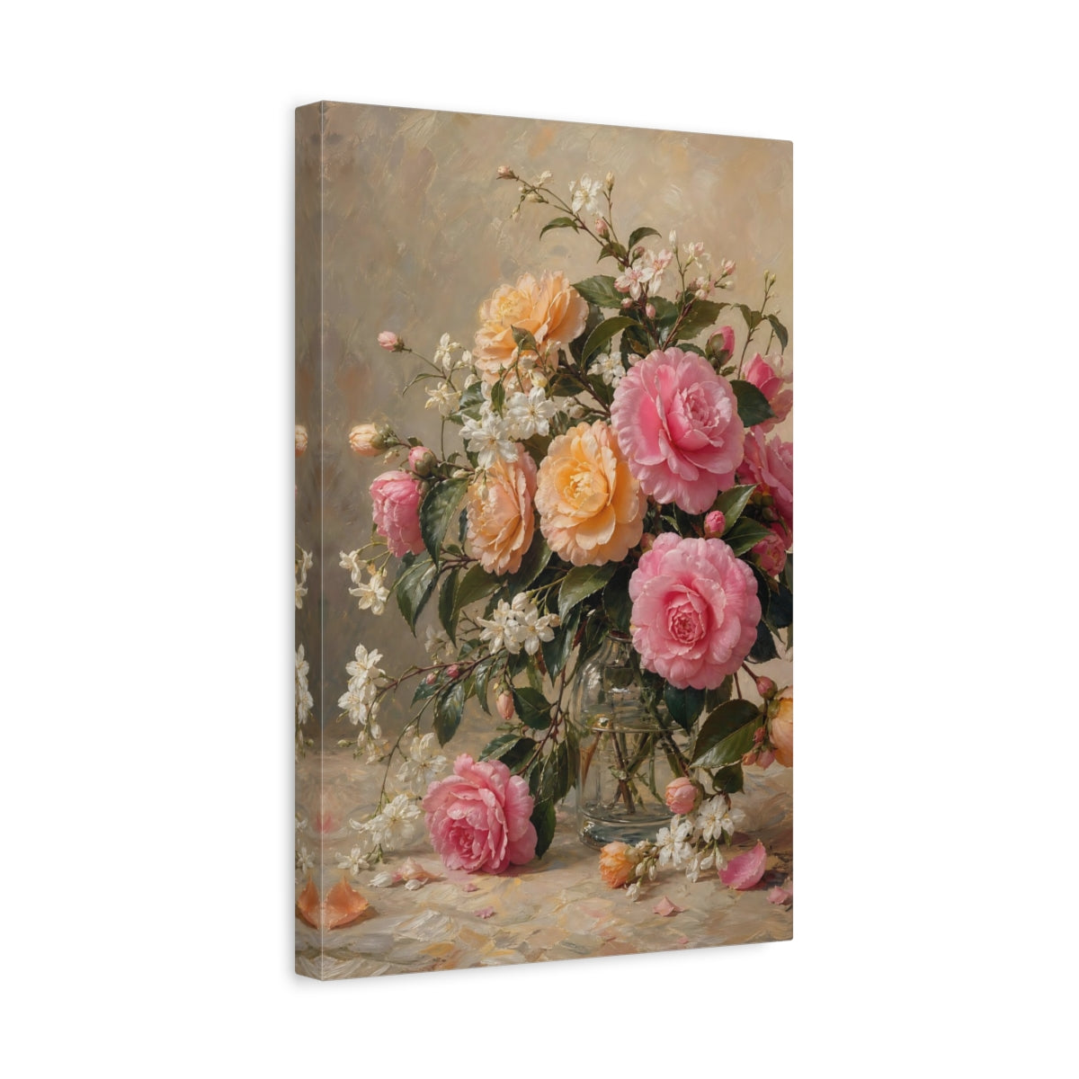 Side Mockup 4. Floral Camellias Pink Orange Floral shown as stretched canvas wall art