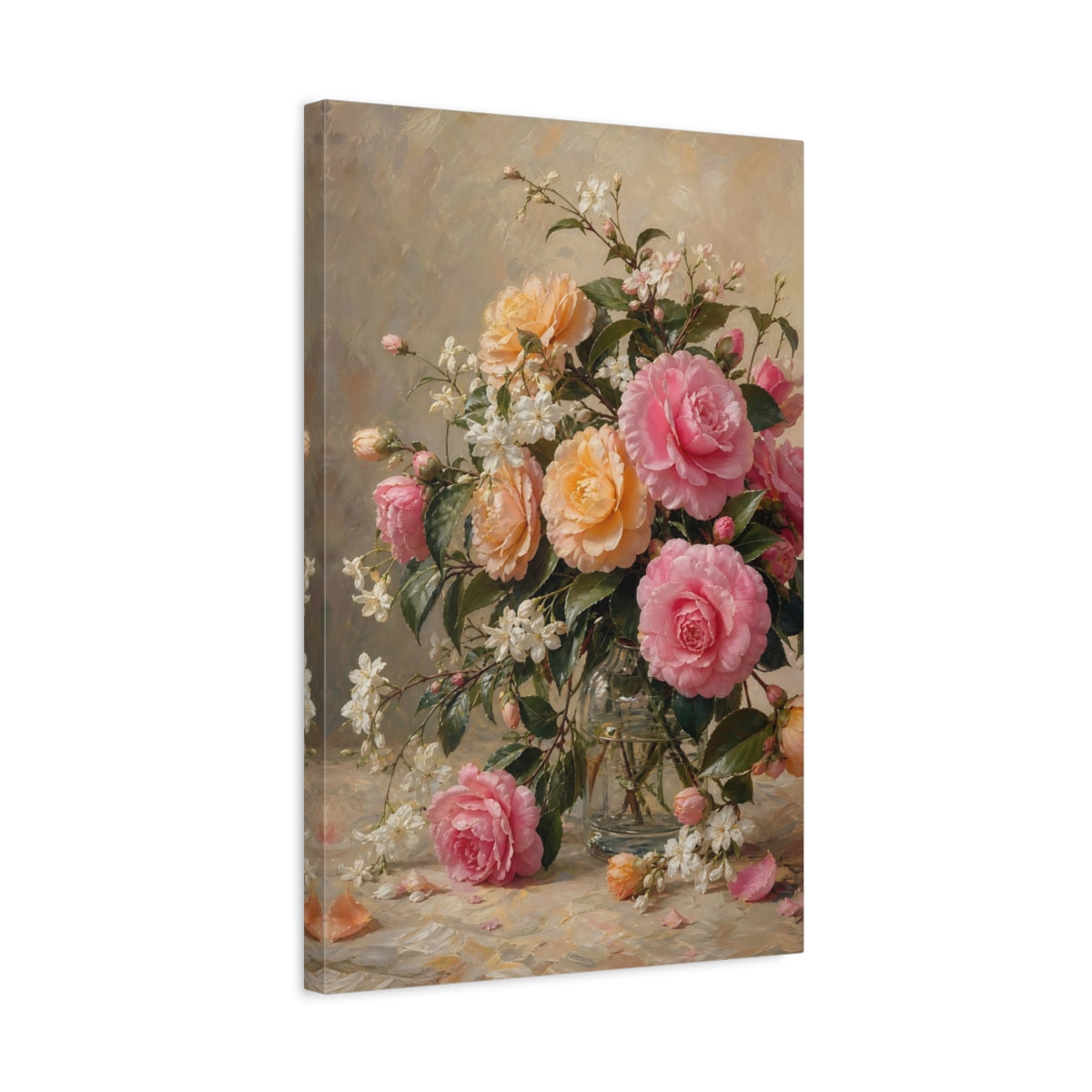 Side Mockup 3. Floral Camellias Pink Orange Floral shown as stretched canvas wall art