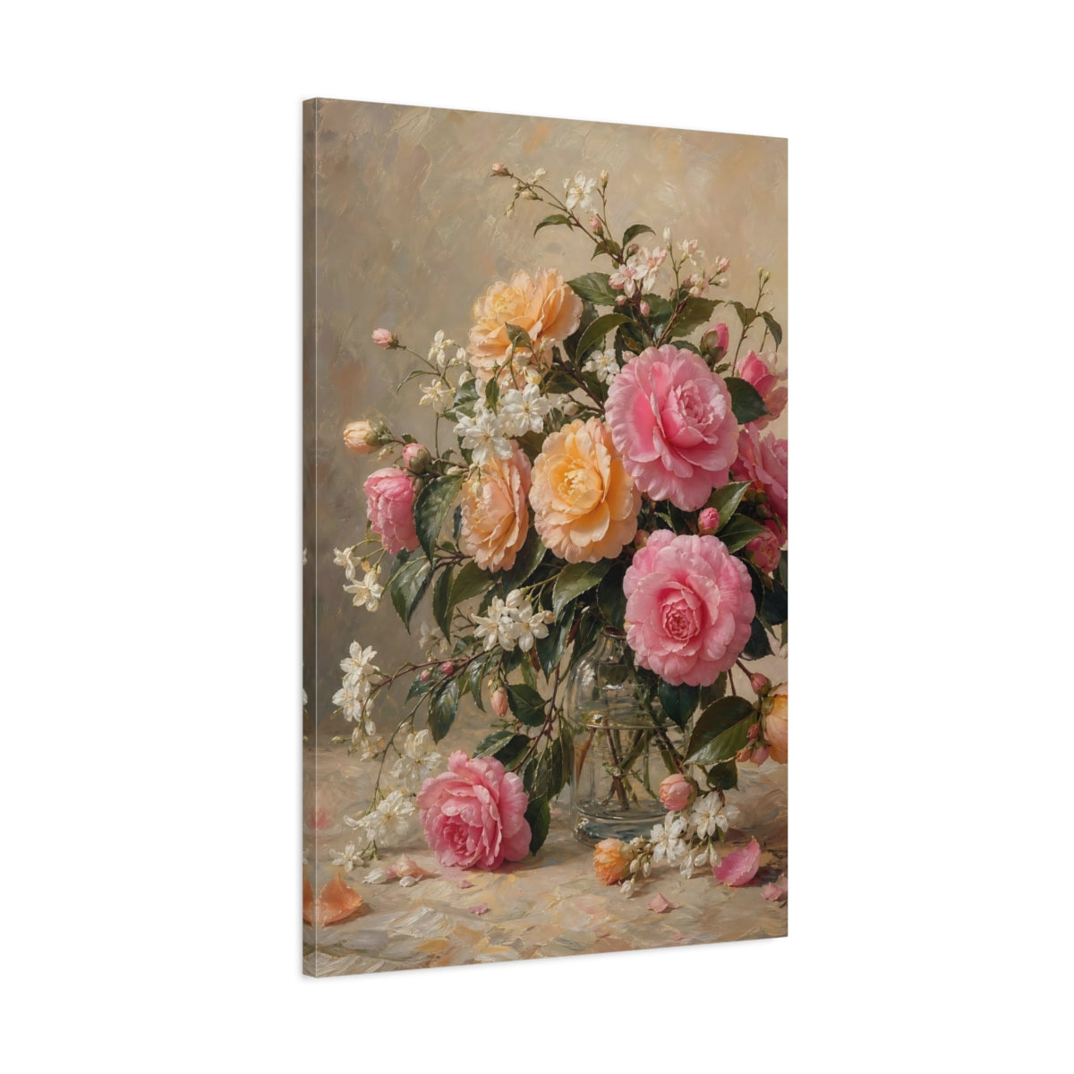 Main Mockup. Floral Camellias Pink Orange Floral shown as stretched canvas wall art