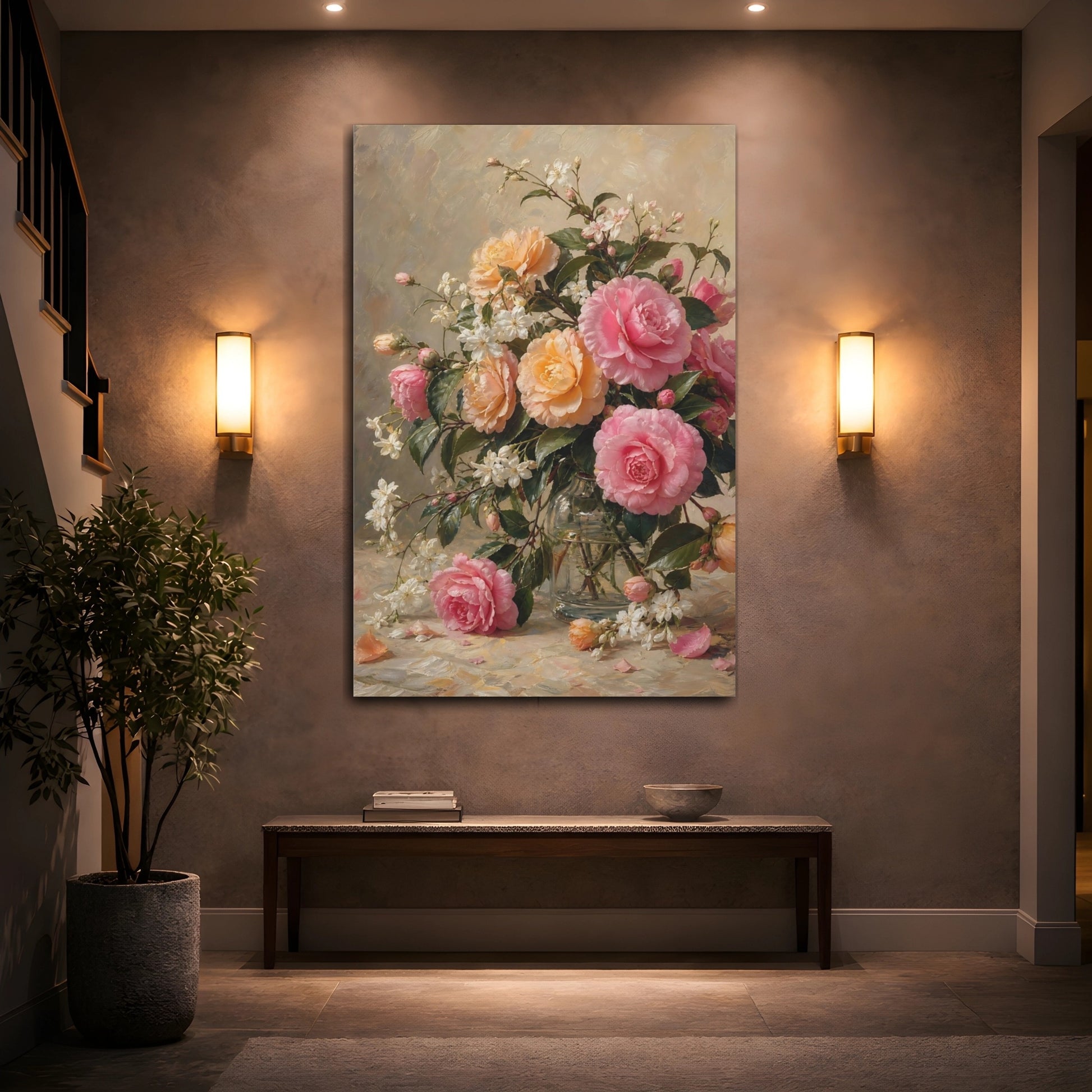 Mockup 2. Floral Camellias Pink Orange Floral shown as stretched canvas wall art