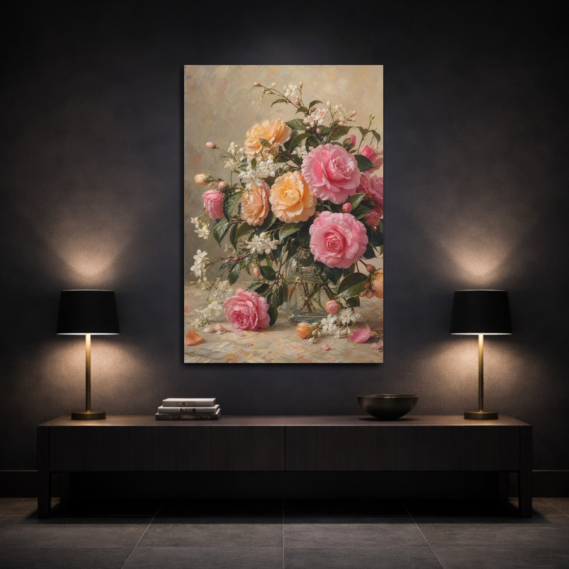 Mockup 3. Floral Camellias Pink Orange Floral shown as stretched canvas wall art