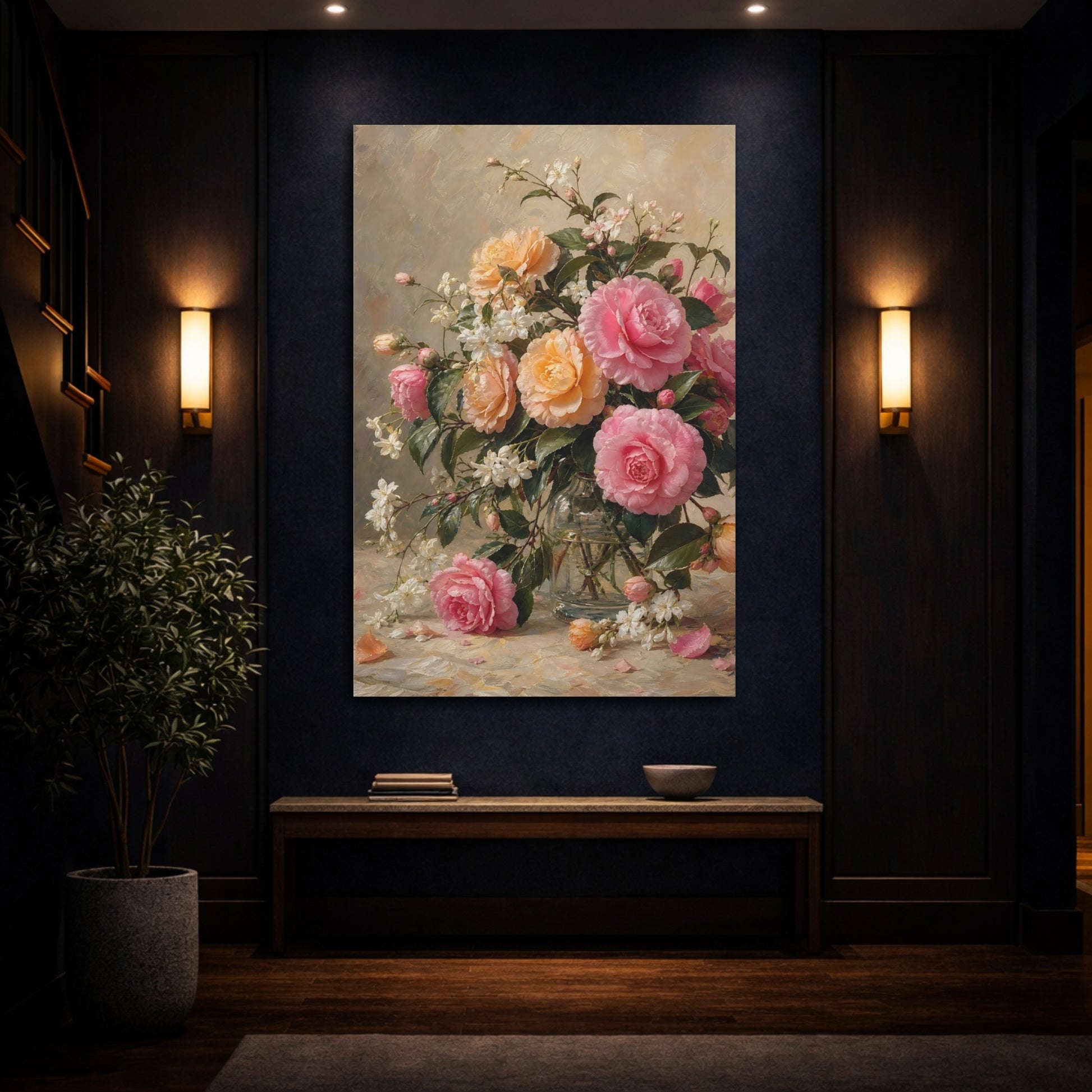 Mockup 4. Floral Camellias Pink Orange Floral shown as stretched canvas wall art